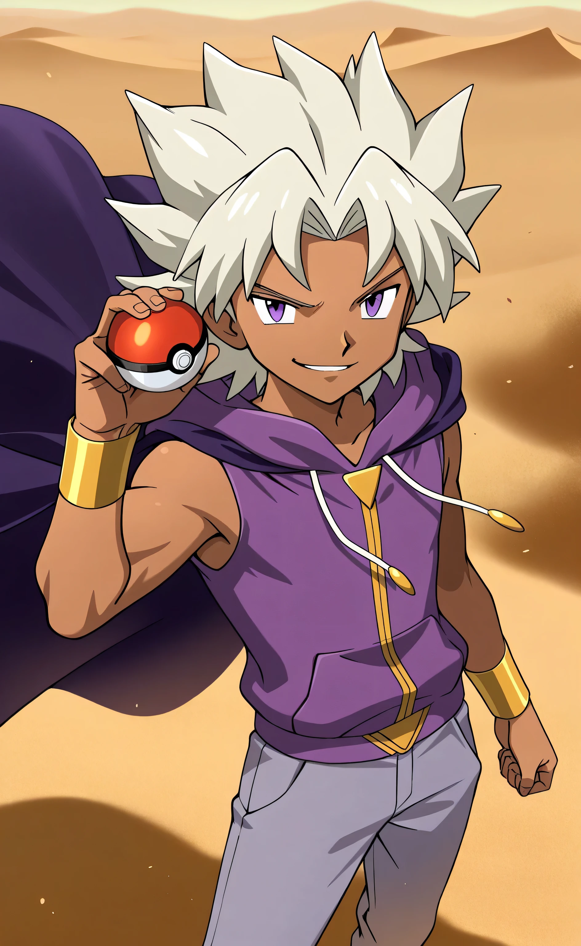 1male,solo,Marik Ishtar,platinum blond hair,short hair,purple eyes,dark skin,purple sleeveless hoodie,grey pants,dark purple cape,muscle,smirk,desert,Sandstorm,holding a pokeball,Pokemon Anime Style