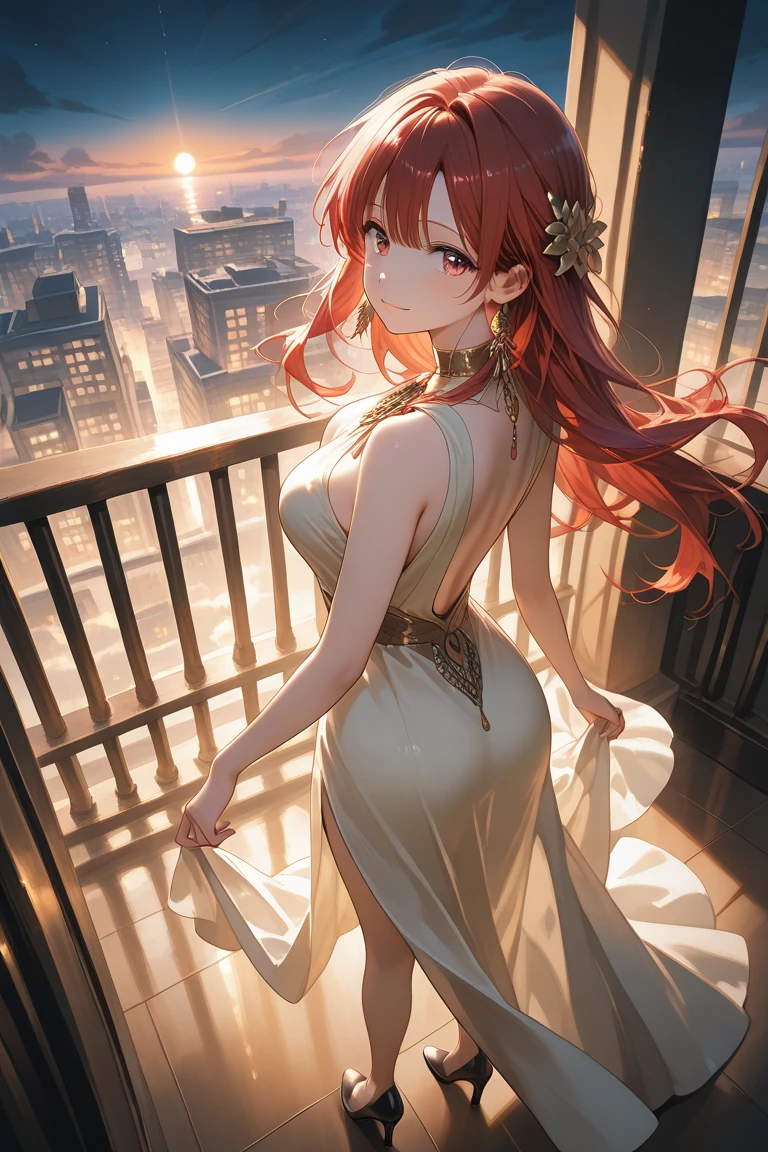 Best Quality, masutepiece, beautiful mature women、Beautiful face、Strong-minded woman、Succubus、(Gorgeous Red Long Dress:1.5)、(brown haired、Bangs are asymmetrical)、(Brown-eyed)、Longhaire、Undersized eyes、(night city landscape)、BREAK(Overlooking the city from the air、poseing、Full body like)