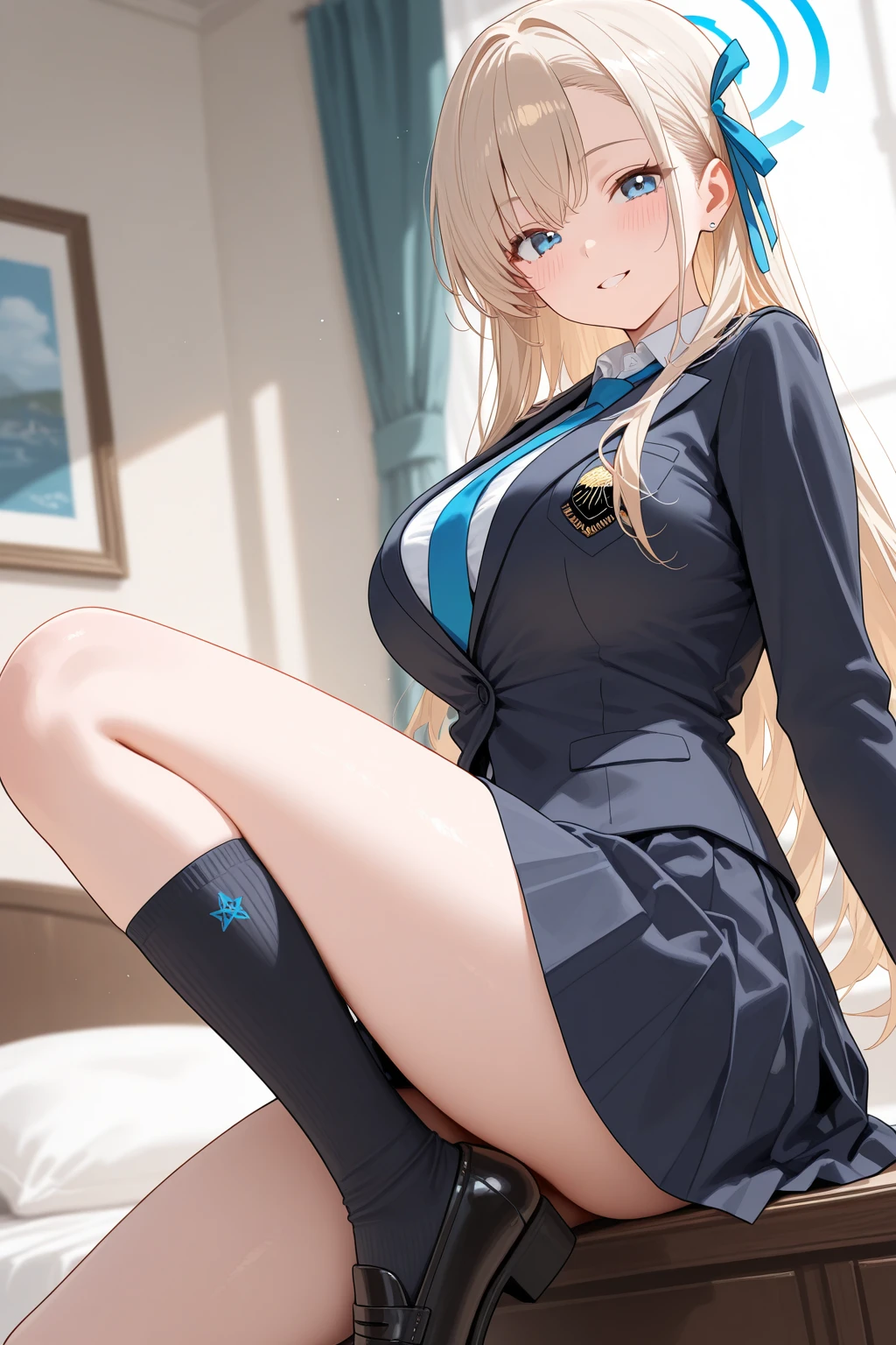 (masterpiece:1.2, highest quality), 1 female, one person,in,high school girl、uniform,classroom, Day, stand, blonde, twin tails, blue eyes, open collaboration bone, white skin,big breasts,excited smile,lure,gal、skirt is short、lift up the skirt、show panties