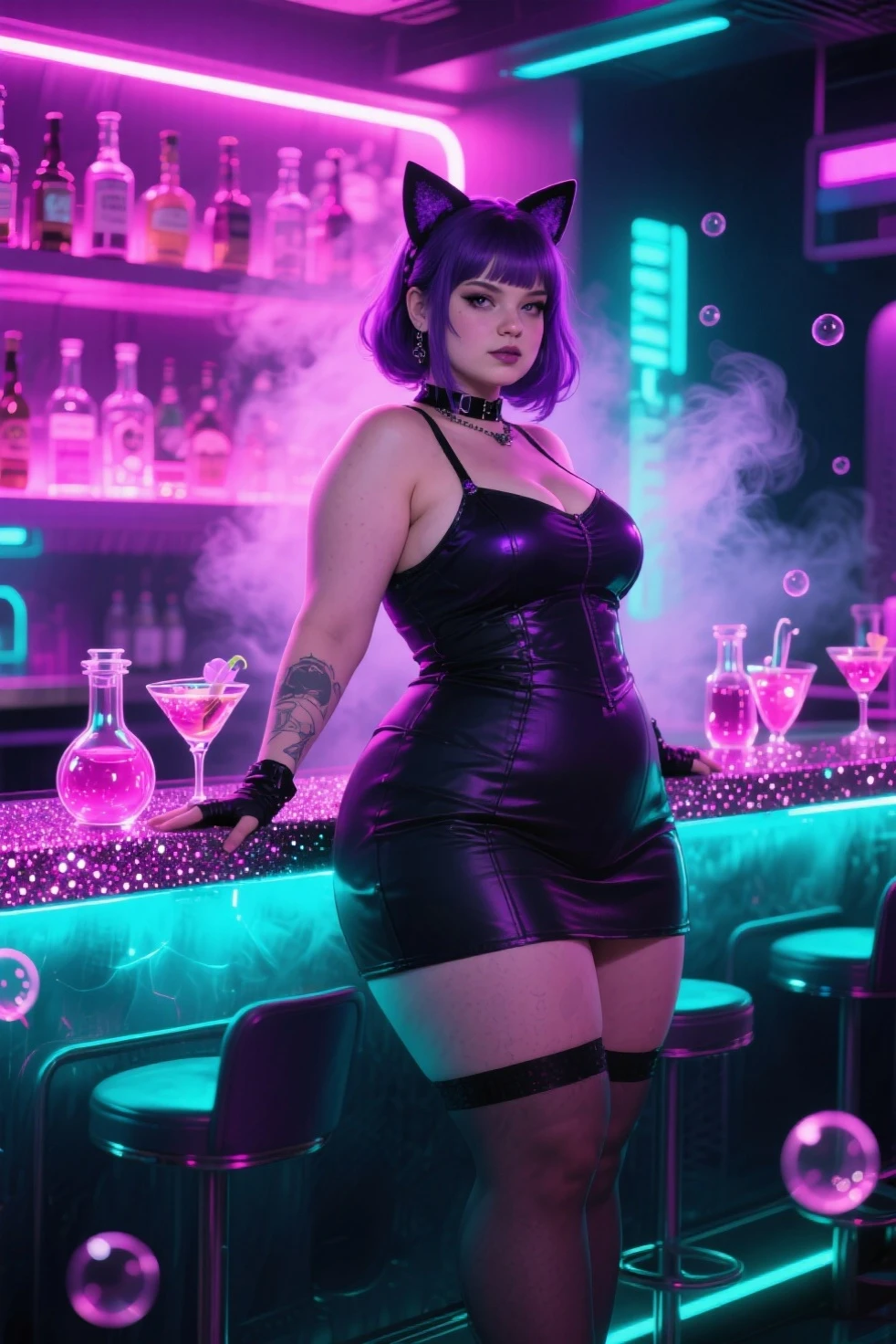 rave party scene, neon lighting, beautiful and sexy young woman full body, short dark brown hair, rave outfit, piercing, tattoos, glasses and drink, high quality, realism, photo.