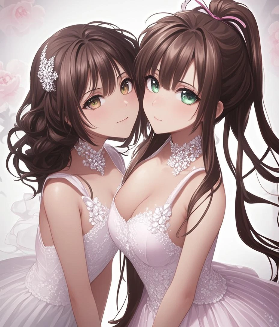 nozomitoujou, nozomi toujou, green eyes, brown hair, curly hair, breasts, masterpiece, best quality, high resolution, beautiful detailed eyes, extremely detailed face, good lighting, detailed CG, messy hair, glossy lips, light smile, necklace, pendant, earrings, jewelry, church, wedding dress, off the shoulder, bridesmaids