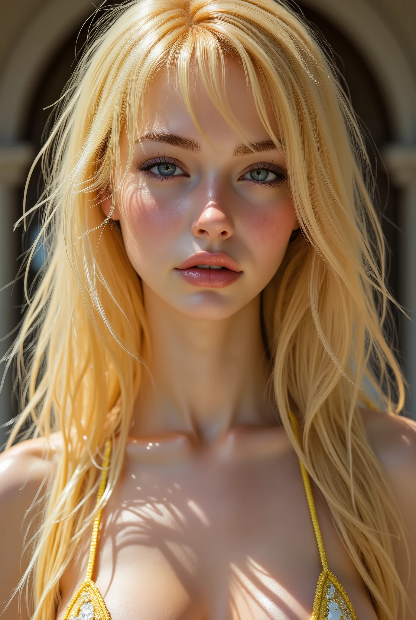  [Style: "masterpiece, realistic (photorealistic Realism), ultra-detailed, Hyper high resolution" - "(Hyper quality, intricate ultra-detailed digital art)"](Key Directive: - ("The priority is the anatomical accuracy and texture of the materials" - "Ultra-sharp human eyes with biological accura", Beautiful Girl, "ultra details Eyes: (acid-resistant terminology) (macro-details:1 . 5): * Moist corneal surface (visible aqueous layer:1 . 2) * Hyper-detailed iris stroma ((brown) with gold flecks) * Precise limbal ring (slightly darker pigmentation:1 . 22) * Pupil micro-texture (irregular edge authenticity:0 . 9) * Vasculature in sclera (subtle red veins radiating from limbus)" - "Lashes: blue individual synthetic fibers (crosshatched roots:1 . 2 ,clump-free separation)" Technical Specs: (Optics: - "Zeiss Otus85mm f/1 . 4 lens (eye refraction calculations:1 . 3)" - "Shutter Speed:1/500 (freeze eye micro-movements)" - "Focus Stacking:7-point coverage on iris plane") (Post-Processing: - "Frequency separation for skin vs eye details" - "Selective sharpening: eyes180%,hair120%" - "Denoise: luminance20,color35(retain corneal speculars)", BRAKE , perfect face, perfect symmetrically eyes, perfect lips, flexible female form, Underexpose Lighting, slim body,(spread legs in squatting position), (discret smile, gentle expression), Skin\(white,pale,smooth,silky,shiny\), Hair\(Long yellow hair:1.2),(extremely detailed,low Twin tails:1.2),x Hair accessories,(hair ribbon:1.25\)),BRAKE,wearing\(wear pink ribbon sling string swimsuit, (narrow:1.25)),((wear a One-piece micro slingshot swimsuit (made entirely of black ribbon in the form of a micro strings:1.4))), Open your mouth,smile,abdomen,chest,hip,thighs,Earrings,jewelry,(Super detailed figure:1.2\), BRAKE , Simple Background,(Rendering engine: "Unreal Engine 5 path tracing, 16K texture maps") Anisotropic Filtering,Maximum Sharpness and Sharpness,Albedo and Specular maps,Surface Shading,Precise simulation of light-material interactions