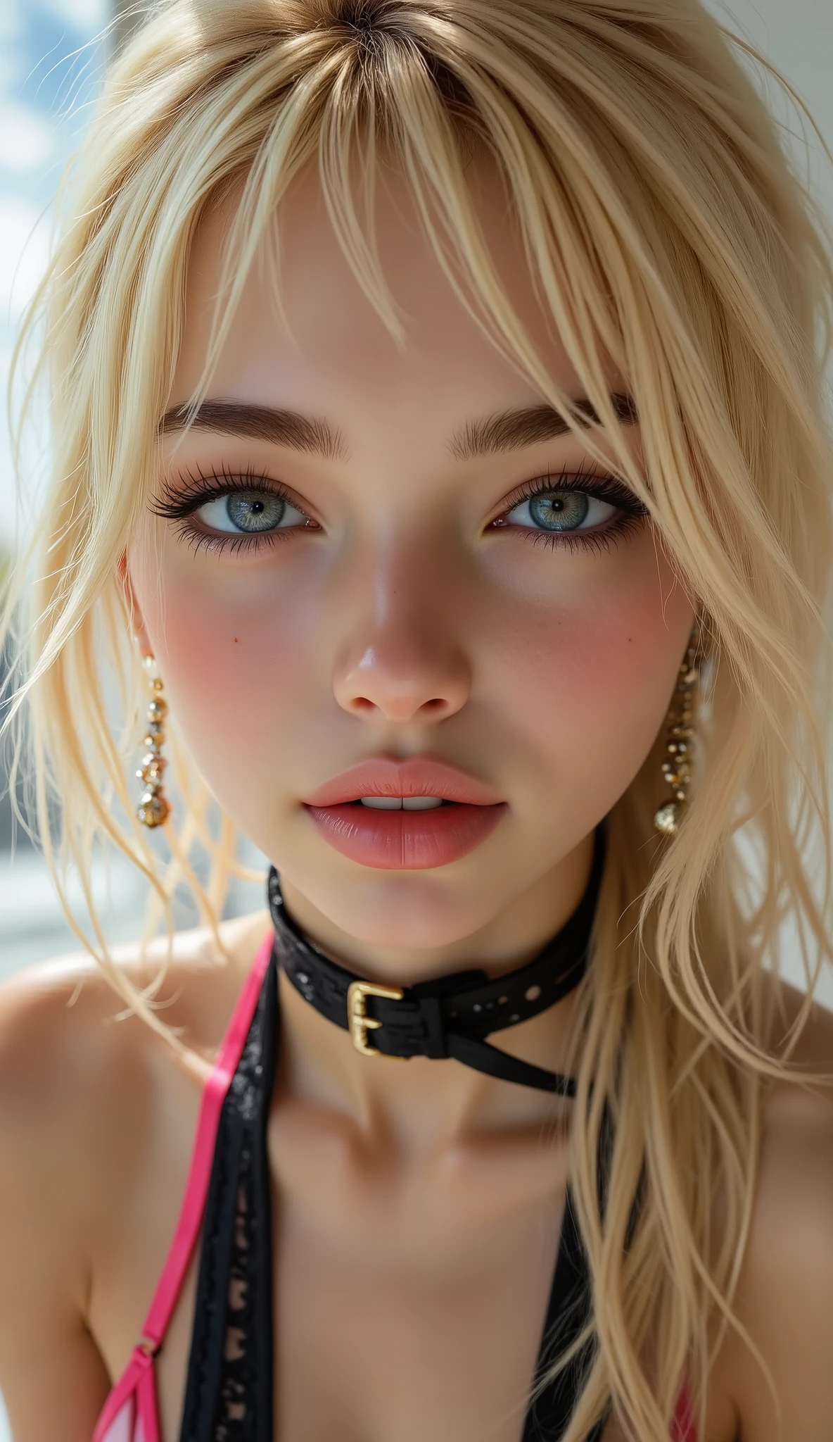  [Style: "masterpiece, realistic (photorealistic Realism), ultra-detailed, Hyper high resolution" - "(Hyper quality, intricate ultra-detailed digital art)"](Key Directive: - ("The priority is the anatomical accuracy and texture of the materials" - "Ultra-sharp human eyes with biological accura", Beautiful Girl, "ultra details Eyes: (acid-resistant terminology) (macro-details:1 . 5): * Moist corneal surface (visible aqueous layer:1 . 2) * Hyper-detailed iris stroma ((brown) with gold flecks) * Precise limbal ring (slightly darker pigmentation:1 . 22) * Pupil micro-texture (irregular edge authenticity:0 . 9) * Vasculature in sclera (subtle red veins radiating from limbus)" - "Lashes: blue individual synthetic fibers (crosshatched roots:1 . 2 ,clump-free separation)" Technical Specs: (Optics: - "Zeiss Otus85mm f/1 . 4 lens (eye refraction calculations:1 . 3)" - "Shutter Speed:1/500 (freeze eye micro-movements)" - "Focus Stacking:7-point coverage on iris plane") (Post-Processing: - "Frequency separation for skin vs eye details" - "Selective sharpening: eyes180%,hair120%" - "Denoise: luminance20,color35(retain corneal speculars)", BRAKE , perfect face, perfect symmetrically eyes, perfect lips, flexible female form, Underexpose Lighting, slim body,(spread legs in squatting position), (discret smile, gentle expression), Skin\(white,pale,smooth,silky,shiny\), Hair\(Long yellow hair:1.2),(extremely detailed,low Twin tails:1.2),x Hair accessories,(hair ribbon:1.25\)),BRAKE,wearing\(wear pink ribbon sling string swimsuit, (narrow:1.25)),((wear a One-piece micro slingshot swimsuit (made entirely of black ribbon in the form of a micro strings:1.4))), Open your mouth,smile,abdomen,chest,hip,thighs,Earrings,jewelry,(Super detailed figure:1.2\), BRAKE , Simple Background,(Rendering engine: "Unreal Engine 5 path tracing, 16K texture maps") Anisotropic Filtering,Maximum Sharpness and Sharpness,Albedo and Specular maps,Surface Shading,Precise simulation of light-material interactions