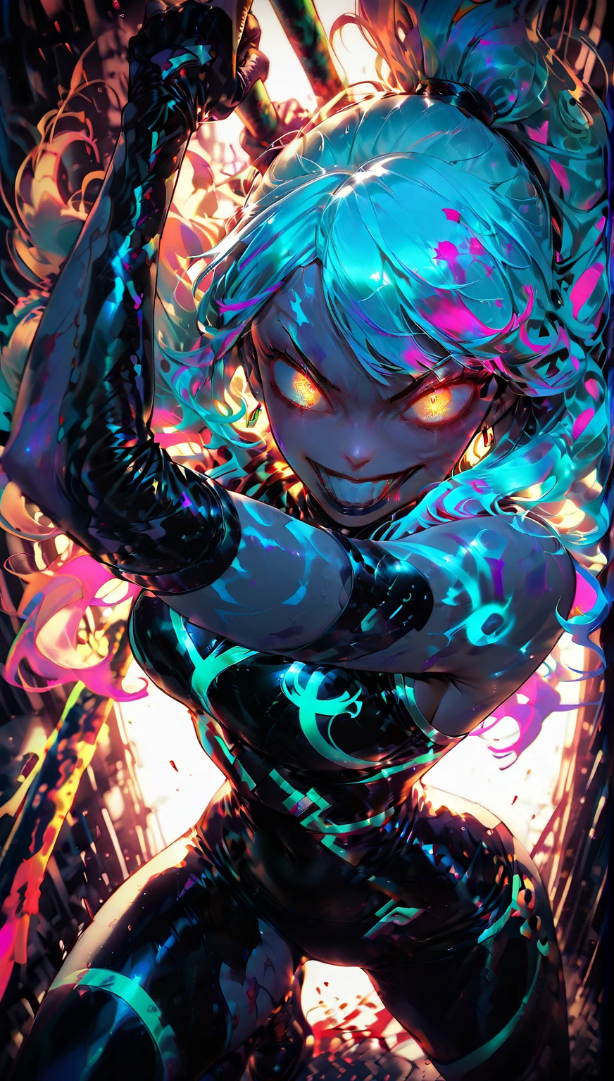 toxic liquid style, (masterpiece, best quality, 1girl, solo), portrait, detailed eyes, sexy, cleavage, (huge breasts:1.5), short blue hairs, (undercut), fitness, space suit, blue eyes, open mouth, tongue, blue drops,<lora:toxic_liquid_style-10:1>, space on background
