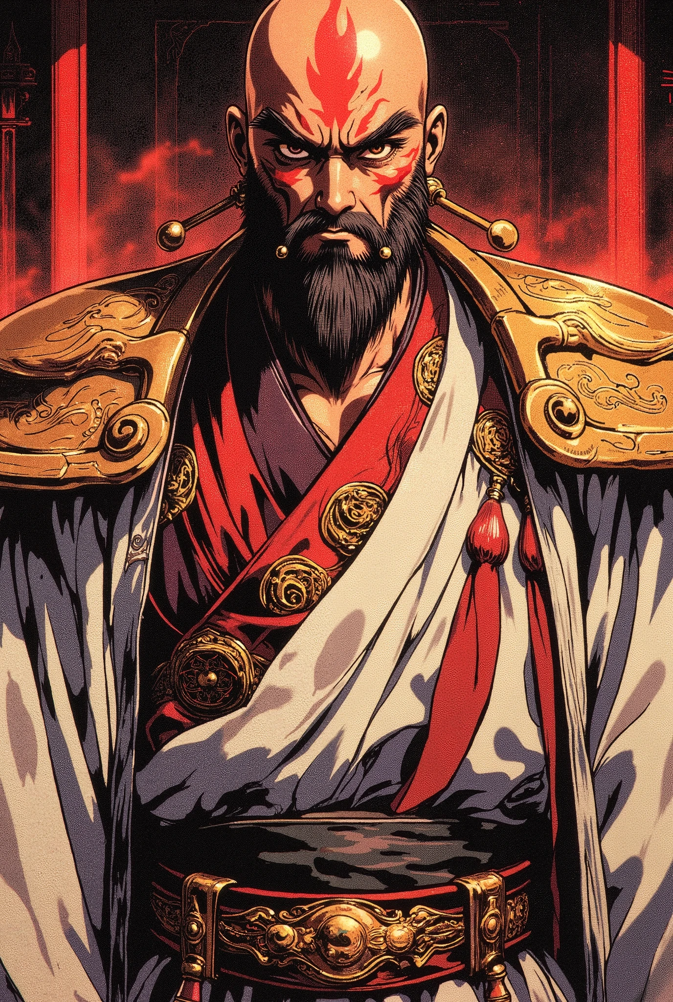 A bald middle-aged man, bold eyebrows, large and round eyes, he has a full beard, flame-shaped war paint on his face, a fantasy-style Chinese robe with intricate silk ribbons and decorations, a light-colored bodysuit, matching trousers, the scene is set in a majestic Chinese hall, this character embodies a finely crafted fantasy-style aristocratic in anime style, characterized by an exquisite and mature manga illustration art style, high definition, best quality, highres, ultra-detailed, ultra-fine painting, extremely delicate, professional, anatomically correct, symmetrical face, extremely detailed eyes and face, high quality eyes, creativity, RAW photo, UHD, 8k, Natural light, cinematic lighting, masterpiece:1.5