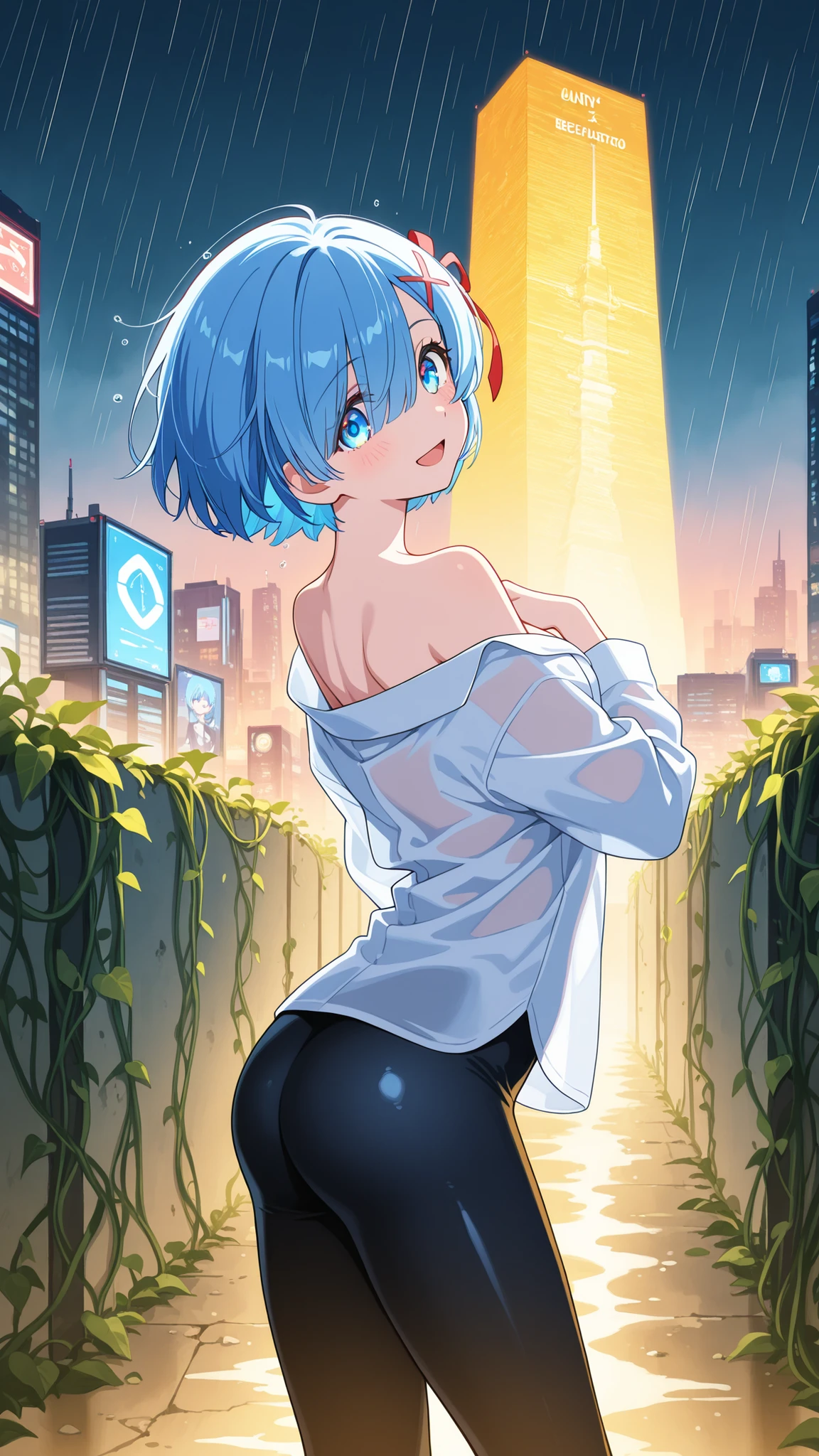 BREAK looking at viewer, BREAK (masterpiece:1.2), best quality, high resolution, unity 8k wallpaper, (illustration:0.8), (beautiful detailed eyes:1.6), extremely detailed face, perfect lighting, extremely detailed CG, (perfect anatomy),Cyberpunk metropolis at golden hour, rain-slicked streets reflecting holographic billboards in amber and peach tones, steam rising from sewer grates mixing with last raindrops, towering megastructures glowing with bioluminescent vines crawling up their sides, flying delivery drones leaving rainbow trails in humid air, 4K ultra-detailed, cinematic retro-futurism,rem, blue eyes, blue hair, hair ornament, hair over one eye, hair ribbon, short hair, x hair ornament,white shirt,short shirt, naked shoulder,tight leggings,smile,arched back, raised hips, looking back at viewer, blush, seductive expression,warm aura,open mouth,