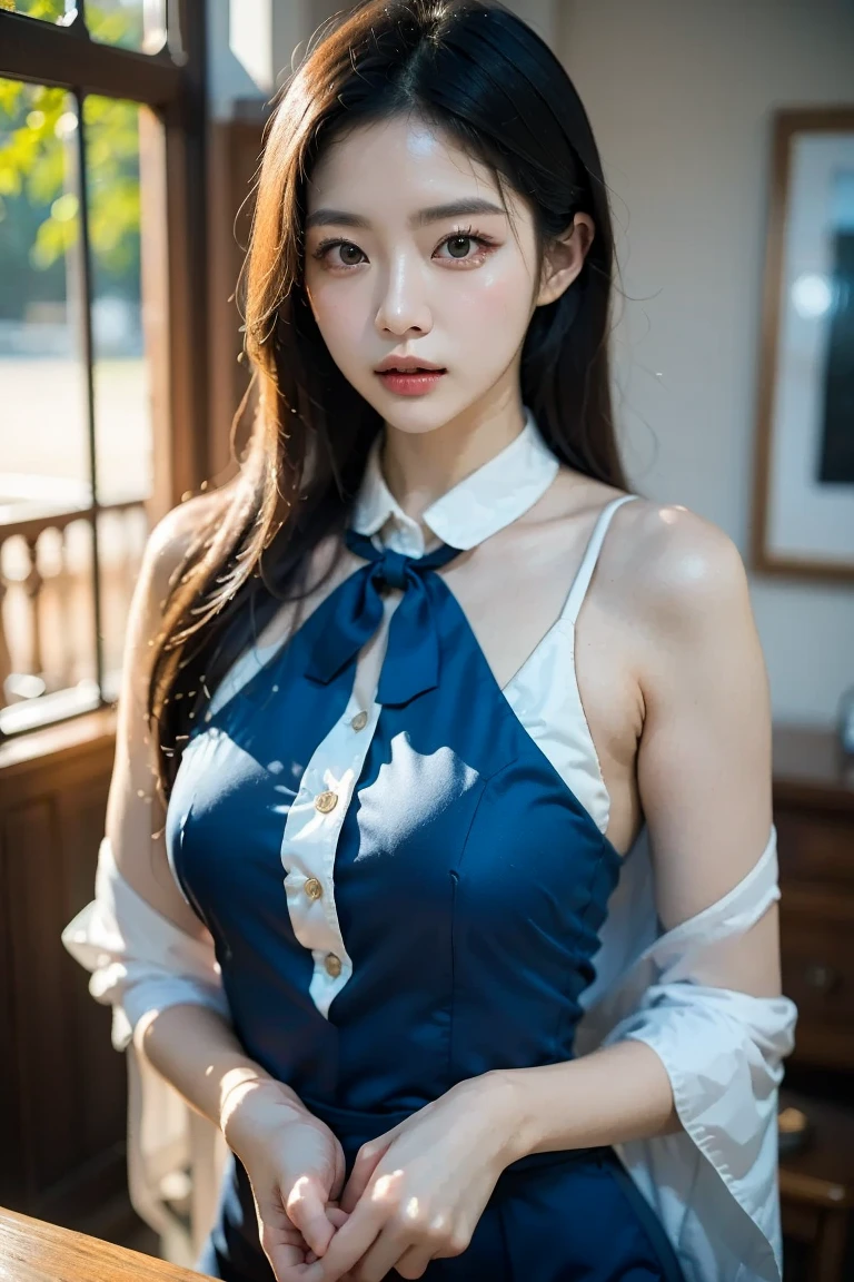 xueshengzhuang ((knee shot)), ((Shoot at random angles)), ((Visible cleavage)), ((E-cup)), ((I-type Valley)), ((Warm colors)), Long-range shooting, A beautiful woman,Elegant posture,Standing,Slender figure。Her legs are slender and straight,Cross placement,Forming a perfect diagonal composition。Head gently sideways,Long blond hair falls naturally,Gently brushing her shoulders。Soft colors,In stark contrast to her fair skin。The edge of the skirt ripples gently,As if swaying in the breeze。Her eyes were gentle,There is a faint smile on the lips。The whole picture looks very harmonious and beautiful
