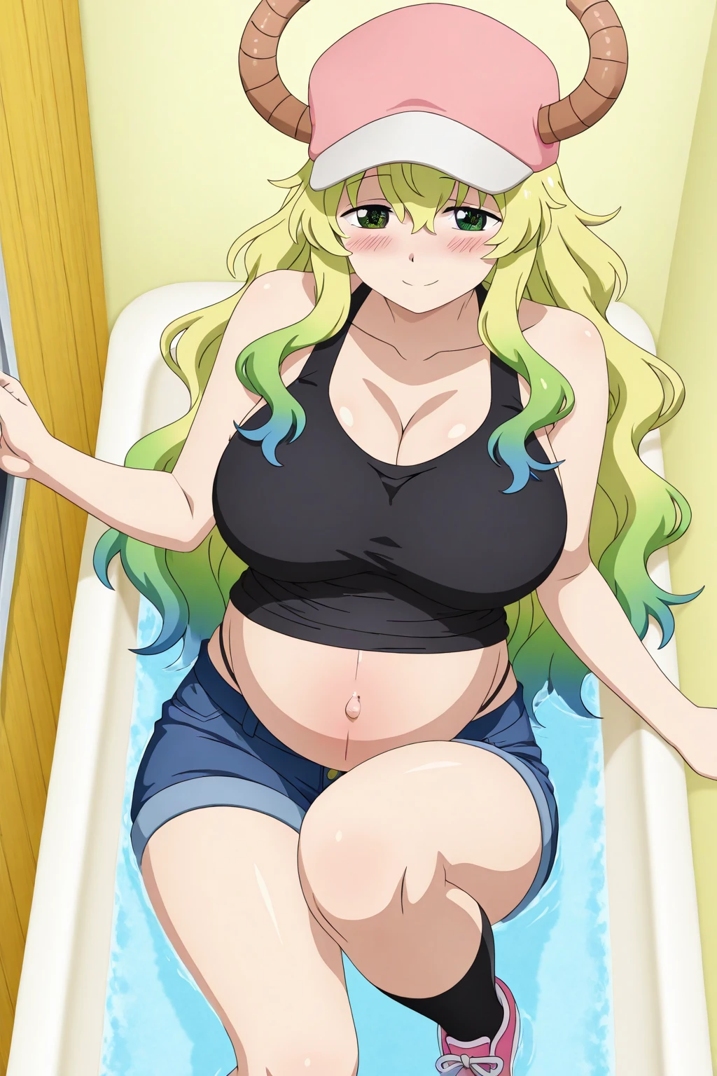 core_9, score_8_up, score_7_up, source_anime,masterpiece,best quality,highres,absurdres,official art,official style,source_anime,anime screencap,anime coloring,megami magazine,anime,animated,explicit, shiny skin,((naked)), ((full belly)), ((very drunk)), ((staggers)), ((a pain)), ((stomach ache)), ((squeeze your stomach with your hands)), large breasts,lucoa (maidragon), multicolored hair, blonde hair, green hair, gradient hair,dragon girl, horns through headwear,baseball cap, large breasts, closed eyes, ((lying in a bed)),
