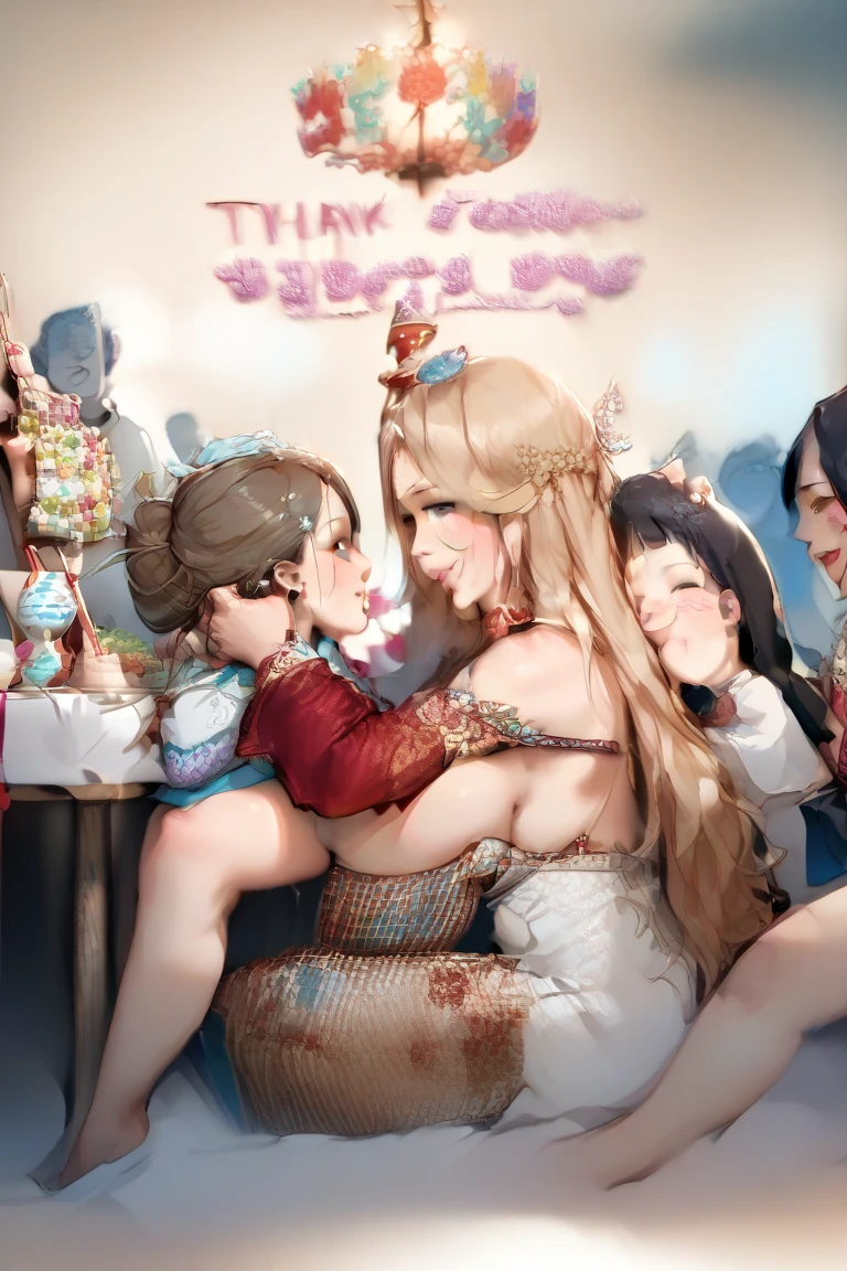 Illustration, detailed illustration, ultra detailed, masterwork, 5girls, group, 18 year old girl, 28 year old girl, 29 year old girl, 30 year old girl, 50 year old milf, bedroom, birthday cake