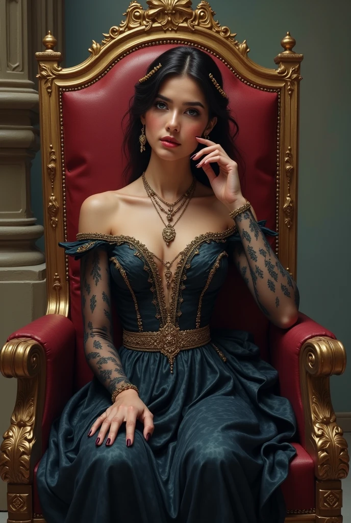 Modern Queen with gorgeous proper dress on red throne playing chess have queen in Hand