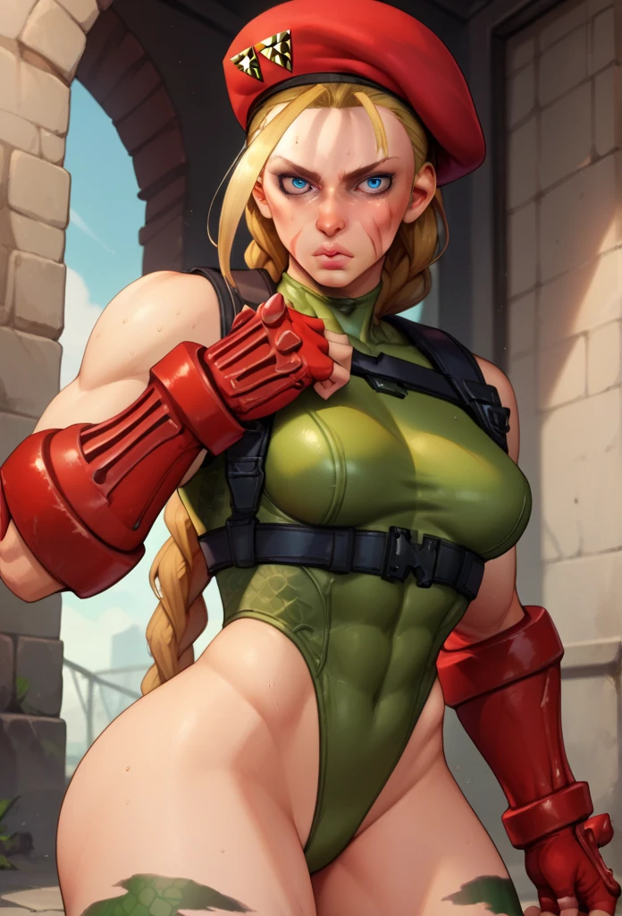 score_9, score_8_up, score_7_up, BREAK, score_9, cammySDXL, 1girl, solo, long hair, breasts, looking at viewer, blue eyes, blonde hair, gloves, hat, standing, braid, fingerless gloves, leotard, lips, muscular, beret, highleg, scar, red headwear, scar on face, highleg leotard, red gloves, camouflage, harness, thong leotard, green leotard, chest harness, cowboy shot,