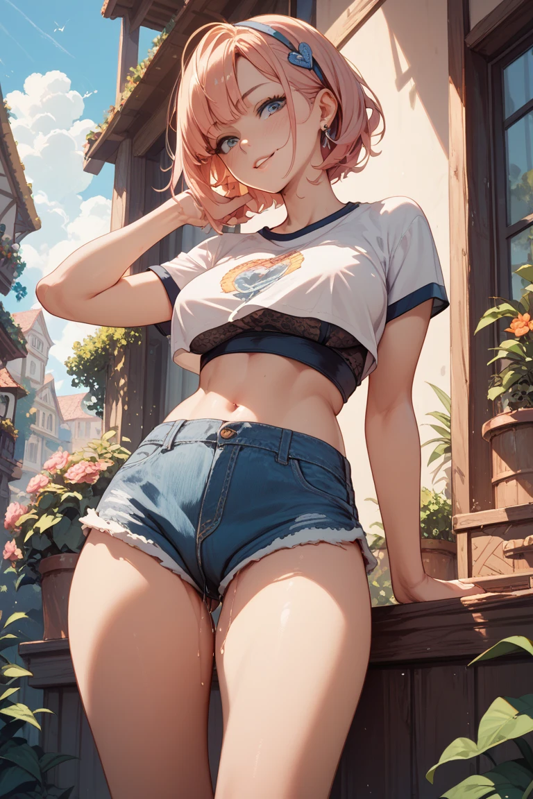 Masterpiece: 1.2, Best Quality), high resolution, a girl with a cute face, denim shorts, sexy body, large breasts, peach buttocks, waistline, short navel top, short dyed hair, black stockings,