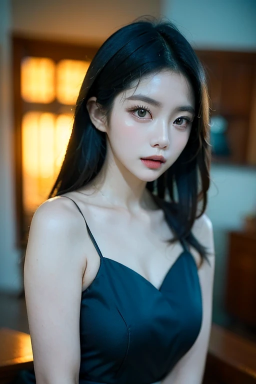 towards the camera,put a face to the viewer,stand on all fours,High image quality,works of masters,daughter,black hair,long hair shawl,long hair flowing over shoulders,cropped shoulder,clavicle,exquisite face,moist red lips,white dress,clavicle,towards the camera,Single photo,hosiery,sad expression,bust,real person,(ocean,sandy beach),CG rendering,16,000,lying in bed,Put your hands behind your head.,look into the camera,The night scenery was beautiful, farewell,hyper hd,The details were perfect,the picture is real,Extreme picture quality,Highest accuracy,8K 해상도,shade of darkness,8K, yes ,Ultra HD,8K