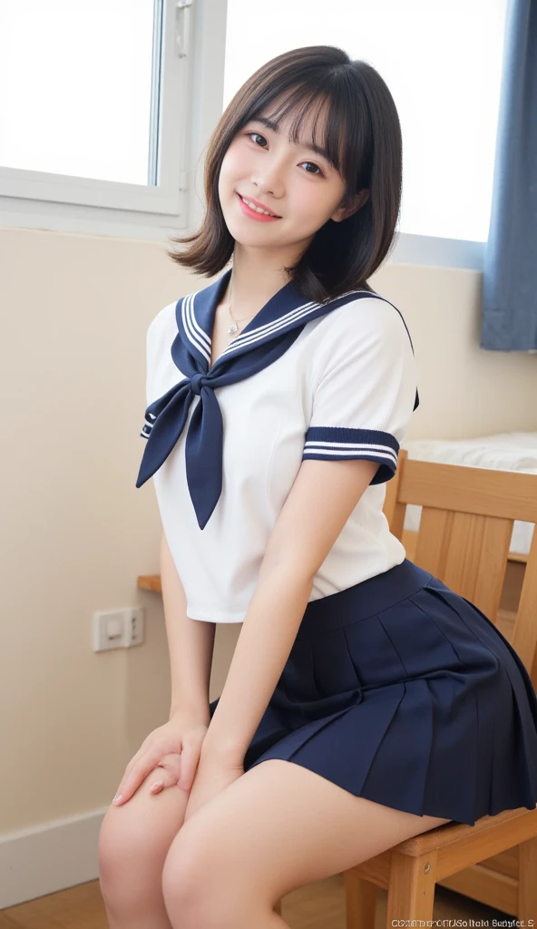 top-quality,ultra-detailliert,masterpiece,realisitic,Photo Real,Bright lighting,1 girl in, an extremely beautiful 17-year-old girl, (kawaii:1.2),Thin smile, (Brown eyes),(brown haired),(bangss),perfect glossy skin,flawless skin,((erotick,Sexy and sexually explicit)),((accurate hands without incongruity)), large full breasts,big breasts thin waist, Look at viewers,((a sailor suit)),((Short sleeve uniform white shirt)),(red necktie),(Blue Mini Pleated Skirt),(((skirt lift by yourself))),(lifted by self),(Showing panties),panties on,panties focus,((Sit up,spread legswide)), sockes, (Black knee socks),(Loafer shoes), during daytime,On the train,Horizontal long seat with your back to the window,The bra is showing through,Thrust your hands forward