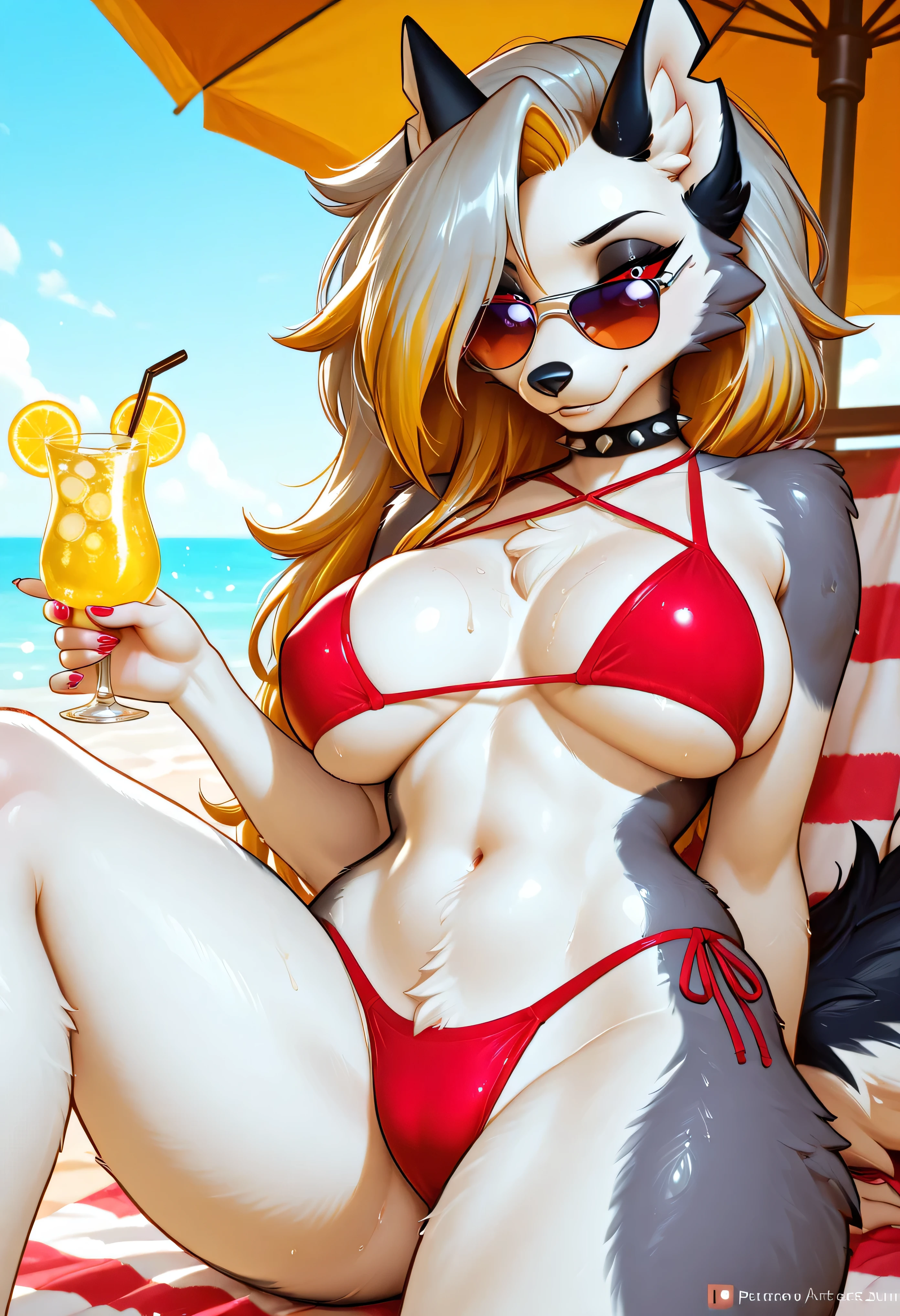 Best quality, detailed ,looking at viewer,Portrait of anthro wolf girl,character :ych-tan(teranen),young girl,teenager),(detailed fur),for[white color]((wolf fluffy ears)),(detailed shading),(beautiful render art), by (kenket,Yasmil ,aomori,teranen,sky gracer,furlana),white hair body[skinny ,thick thighs wide hips,],looking at viewer eyes[very detailed red cute squinted],background[swimming pool ,holidays ],based, ,cute look, suggestive smile,horny , submissive, heat, lust, trembling, invitation,huge breasts ,wearing bikini ,stride,fluffy long wolf  tail, clothing[white-red striped micro  bikini , big claverge,Transparent,see trough pussy],look from floor ,stride, hands up ,(top viev)neaked,nude,pussy