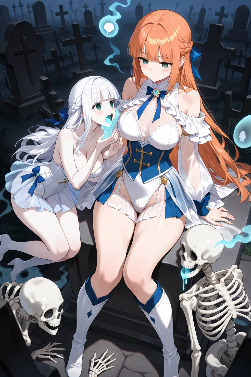 ((1 skeleton woman alone)),((bandages on arms and legs))),((completely naked, naked pussy, Huge breasts, naked breasts)),((very long brown and white hair, two-color hair) ),((blue eyes, hopeless face)),((stand, 1 arm behind your back)),In a haunted forest, at night,