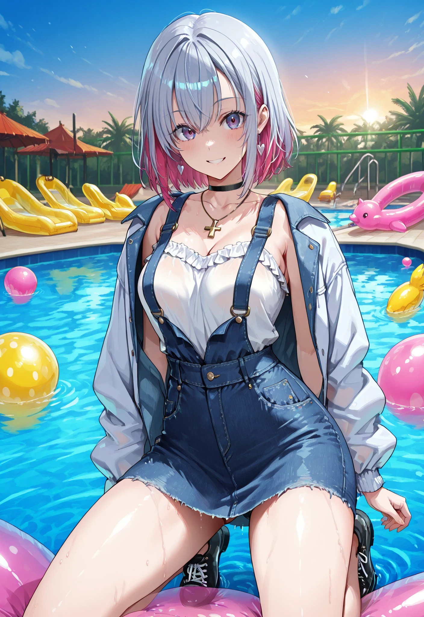 best quality, insanely detailed, nino nakano, breasts, one-piece swimsuit, breast hold
