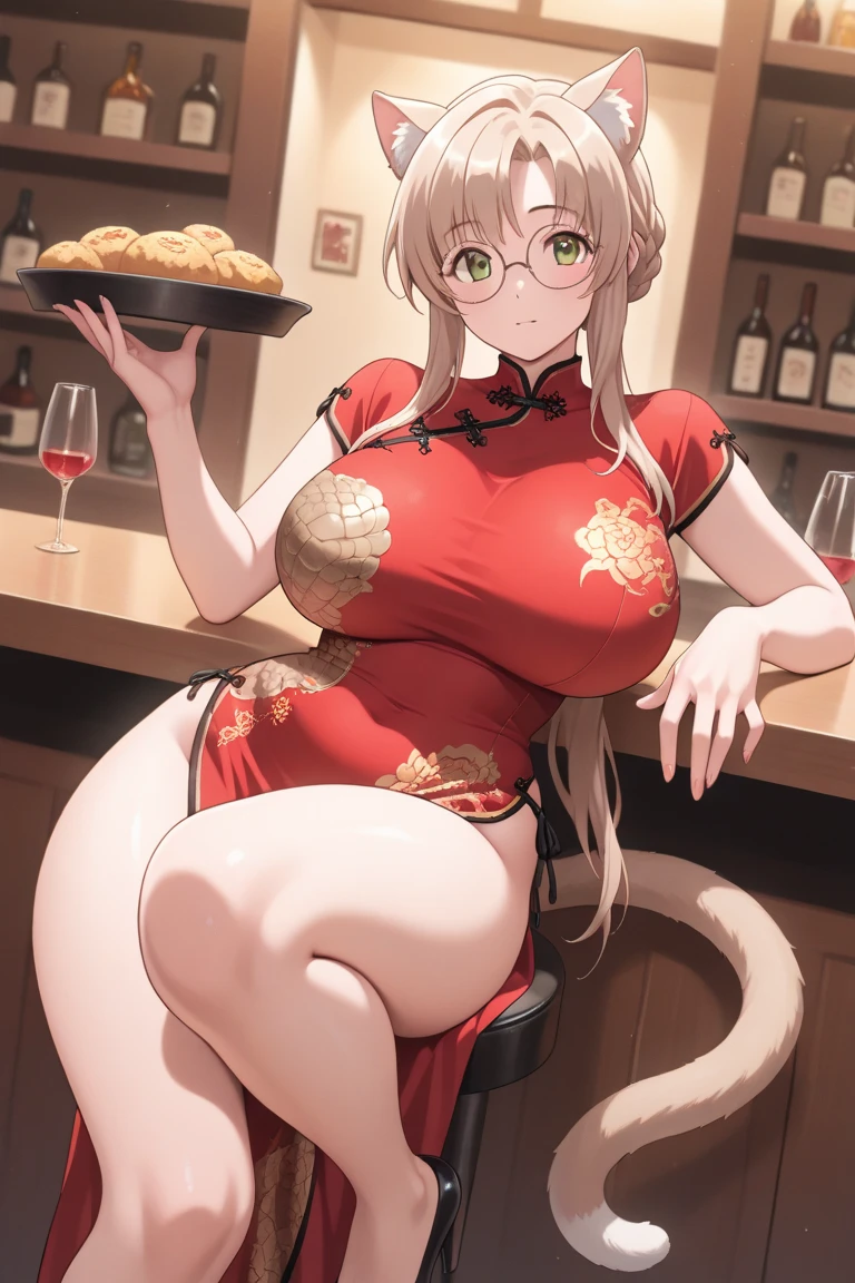 Anime illustration、highest quality、A short and plump gal、Luxurious atmosphere、Late Night、Chinese restaurant、Sexy red cheongsam、Gold embroidery、Perfect proportions、overwhelmingly big breasts、Beautiful, shining eyes、Cowboy Shot、Blushed、smile