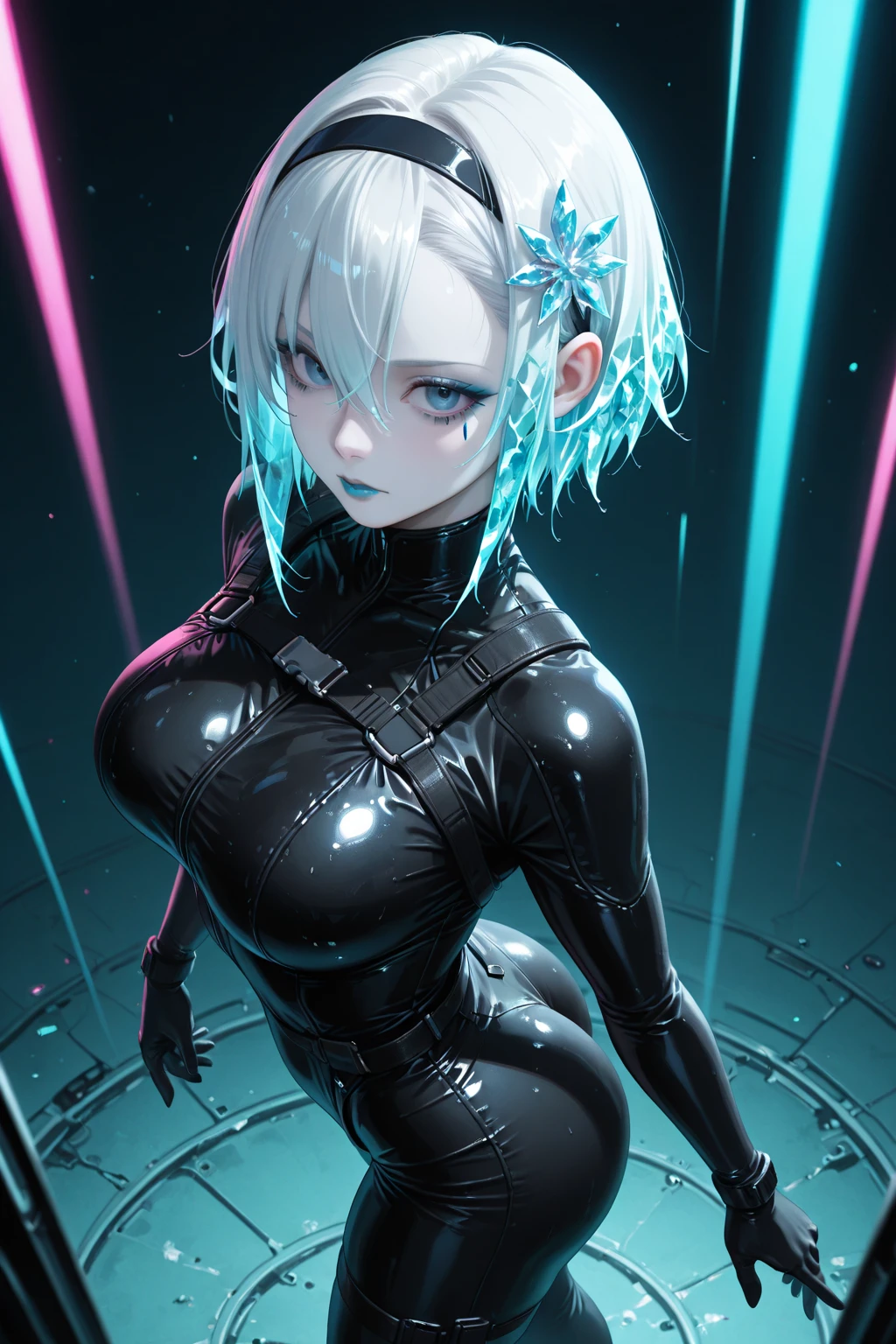 Slightly happy, Short hair, (((white hair))), ((white hair with ((blue tips)))), blue dye, (((((green eyes))))), ((small breasts)), arms behind back, (((black latex Bodysuit, bondage, Latex, restrained, harness, arms bound))), basement, catsuit, latex, best quality, high-res, masterpiece, (((mature, woman))), (((fully clothed))), solo, 1 girl
