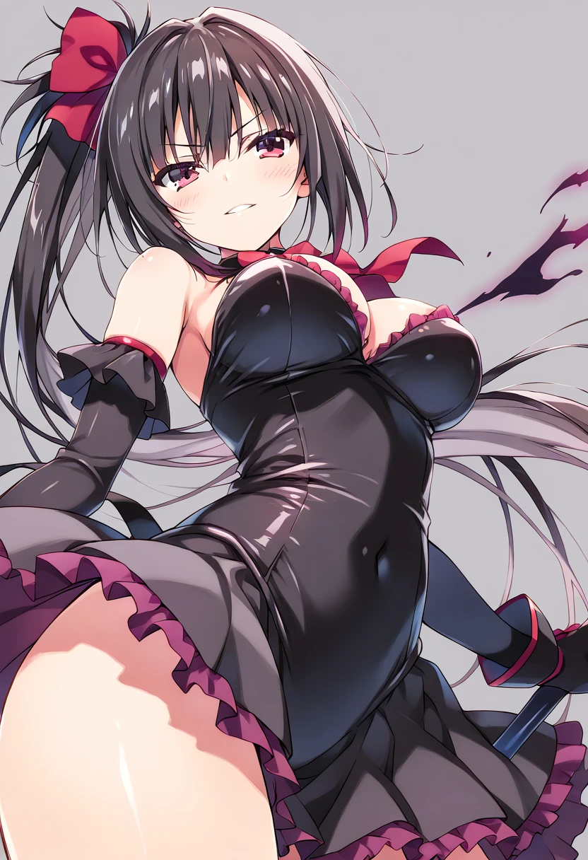 1girl, alone, kurumi tokisaki,Black hair、long-haired twin-tails、Red right eye、The left eye is golden、Red and Black ta Dress、Different left and right eye colors、Black tights that don't show bare feet、Black long boots、Smiling、delicate finger、Graceful behavior、Kyozo Tokizaki、Black and red Lolieaddress、One woman、cleavage of the breast, perfect hands, perfect anatomy 