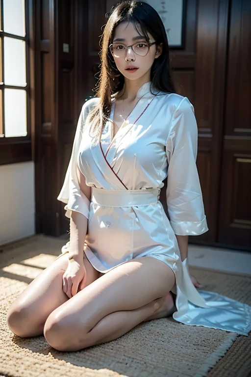 8K, Masterpiece, RAW photo, Best quality, Photorealistic, Extremely detailed Cg Unity 8K wallpapers, Depth of field, Cinematic light, Lens flare, Ray tracing, (Extremely beautiful face, Beautiful lips, Beautiful eyes), intricate detail face, ((ultra detailed skin)) 1girll, In the dark, deepshadow, pretty asian girl, heartthrob,(Very slim and slender muscular body:1.3), ((view the viewer)),(Big smile:1.3), (Cityscape, The background is blurred out), (Dim lights, the roof, terrazzo), Pretty girl, Earrings, bangle, necklace, Clear eyes, Walking , front footage, (Pale skin), Face forward, (Big eyes), ((Full body shot)), ((Black silk tie)), ((Transparent red dressing gown:1.3)), (brown hairs) (view the viewer:1.3), (Lace-up panties), open breast,The kinky is exposed ，Raised ， Busty, Shiny , (see through,White dressing gown :1.3), terrazzo，Soaked clothes