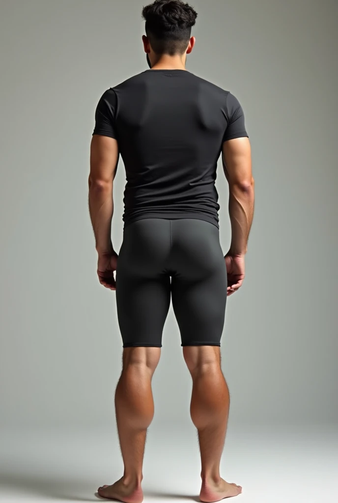 A boy in tight sports shorts, a tight top and black lycra leggings