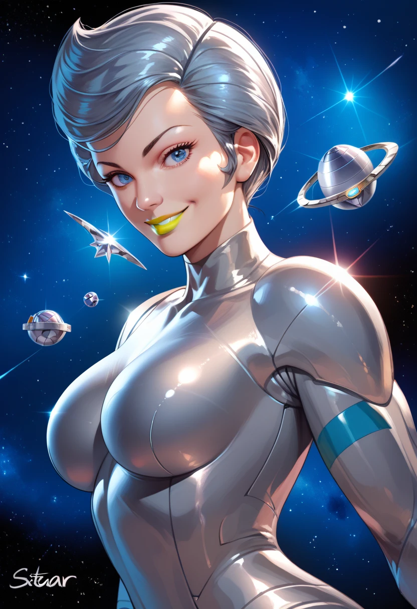 (masterpiece, best quality, 1girl, solo), portrait, detailed eyes, sexy, cleavage, (huge breasts:1.5), short green hairs, fitness, space suit, <lora:EnvyBeautyMix37:1>, <lora:more_details:0.5>, space on background