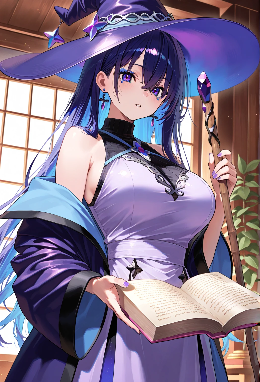 The highest masterpiece、16K、最high quality、uhd、Detailed face、Detailed eyes、Epic Seven Style、darkness、girl、 (Wavy Ponytail, Shoulder hair, Very long hair, very thick hair),(Have beautiful eyes), smile, Happy , Big Breasts, Cleavage, Crescent moon earrings, 2 pairs of leather collars with beautiful jeweled feathers), (Hair Flower Hairpins), Using Lens Flare, chromatic aberration, Attention to detail, アニメ, Romanticism, op art, Written boundary depth, Motion Blur, Dazzling Light, Film Grain, 超High resolution, retina, Accurate, masterpiece, Anatomically correct, Rough skin, Very detailed, Attention to details, high quality, Awards, 最high quality, High resolution, 16K, Place your hands behind your back