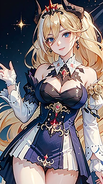 (((masterpiece, super high resolution, ultra HD, 8K quality))), (((((woman in shining light blue colored corset dress))))), (((See-through revealing dress))), (((((shining Blonde colored Hair))))) , (((((pony tail hair))))), (((beautiful sparkling Blue eyes, pupils with highlights))), ((long bangs)), pink lips, sexy expression, ((highly detailed)), (perfectly detailed face), (detailed and carefully drawn hands), (((very Big Tits, cute smile))), photorealistic image, silver tiara and earrings, pearl necklace, jade bangle, diamond ring, Beautiful figure from the knees up, standing, beautiful pose