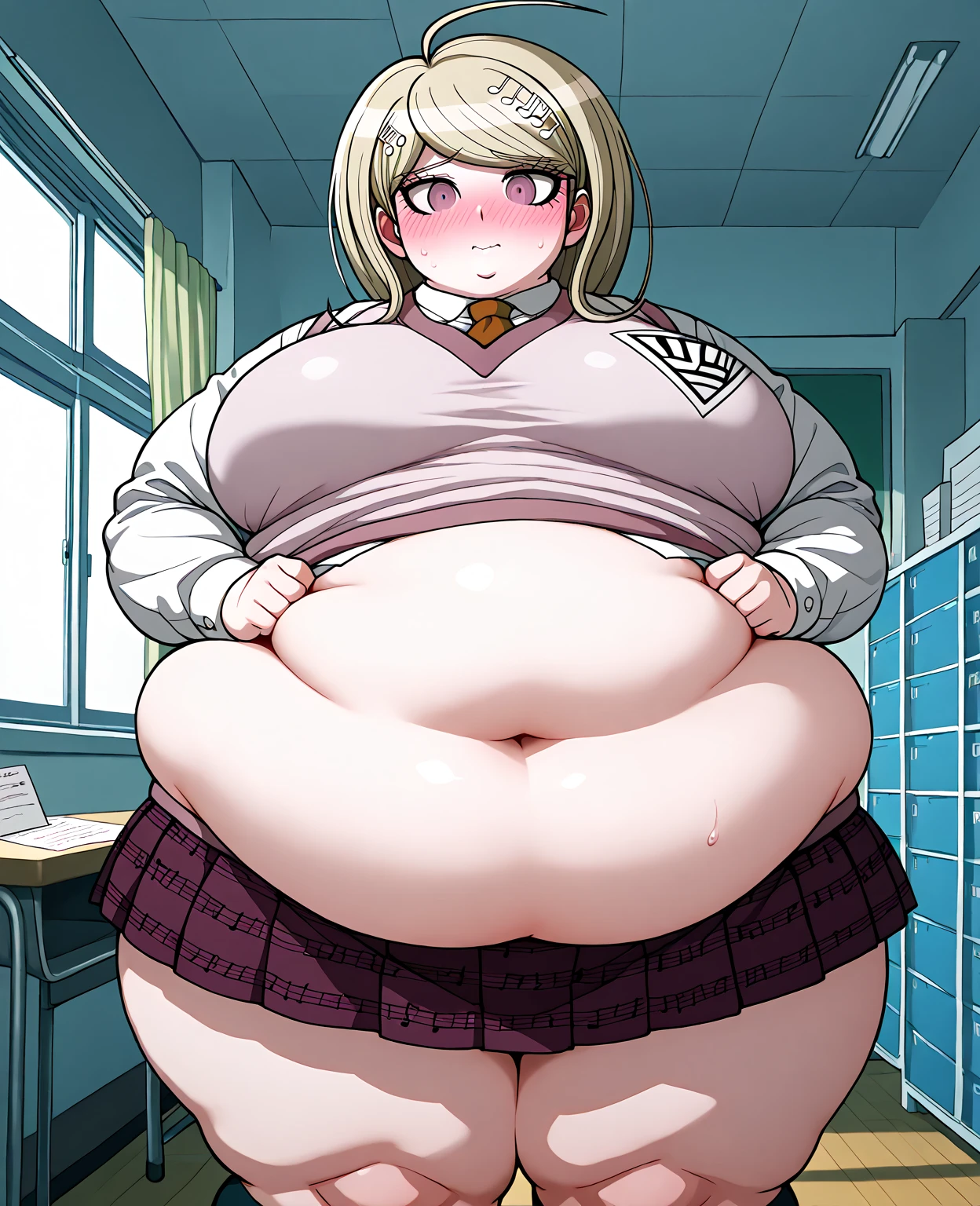 score_9, score_8_superior, score_7_superior, score_6_superior, sauce_anime, Low - Angle, From below, One girl, 1人のmaleの子, duo, big_female, small_male, size_difference, Are standing, obesity, ssbbw, Blonde, high school girl, uniform, Huge breasts, Huge Ass, massive legs, Huge Belly, Huge body, Giant