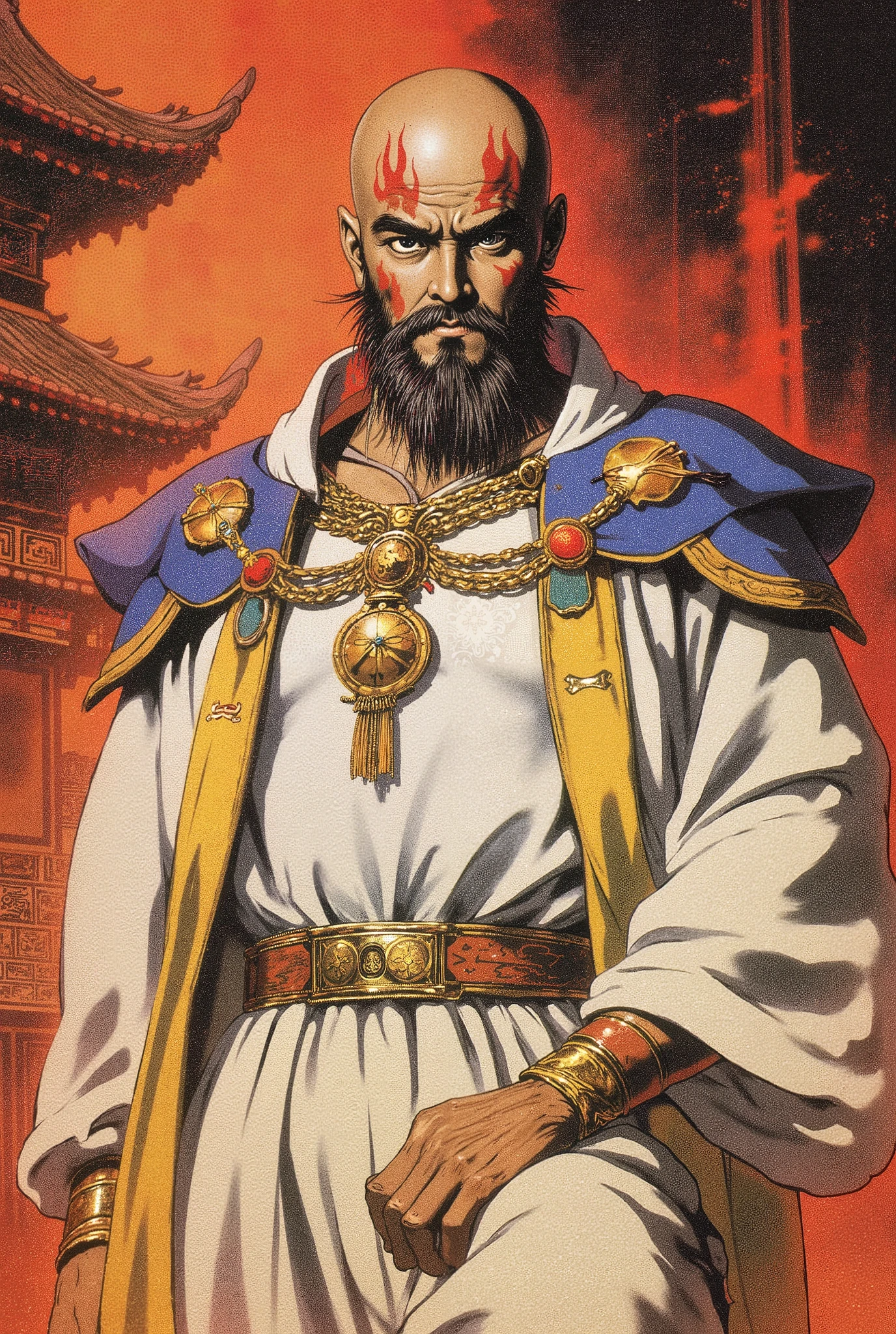 A bald middle-aged man, bold eyebrows, large and round eyes, he has a full beard, flame-shaped war paint on his face, a fantasy-style Chinese robe with intricate silk ribbons and decorations, a light-colored bodysuit, matching trousers, the scene is set in a majestic Chinese hall, this character embodies a finely crafted fantasy-style aristocratic in anime style, characterized by an exquisite and mature manga illustration art style, high definition, best quality, highres, ultra-detailed, ultra-fine painting, extremely delicate, professional, anatomically correct, symmetrical face, extremely detailed eyes and face, high quality eyes, creativity, RAW photo, UHD, 8k, Natural light, cinematic lighting, masterpiece:1.5