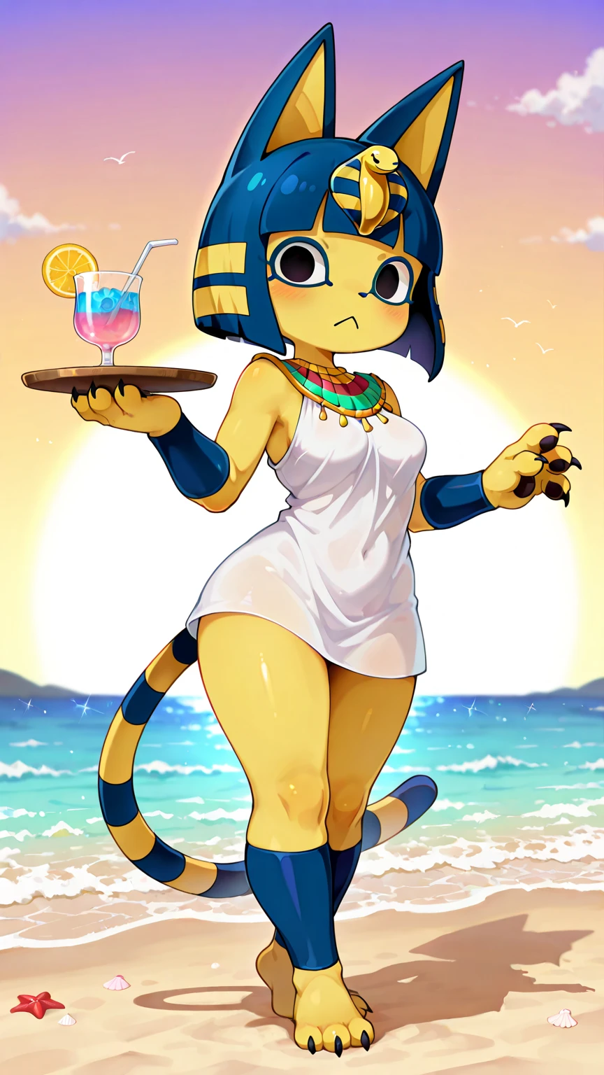 [isaCrossing], [Isabelle; Animal Crossing], [Uploaded to e621.net; (Pixelsketcher)], kemono, dagasi, solo female ankha \(animal crossing\) with ((tiny and short body with yellow fur)), (full body), (blue hair), (blue eyes), (yellow and blue striped cat tail), ((anthro furry)), ((wearing a white and blue striped steing bikini:1.4)), (cameltoe), (cleavage), (egyptian necklace), ((medium breasts)), (detailed fluffy fur), (front view), (bird's eye view), ((arms behind head)), (leaning on blue towel), (spread legs), (seductive pose), (neutral expression), (half closed eyes), (detailed background, beach background, depth of field, half body shadow, sunlight, ambient light on the body), (intricate:1), (high detail:1.3), (unreal engine:1.2), (soft focus:1.15), [explicit content, questionable content], (masterpiece, best quality, 4k, 2k, shaded, absurd res)