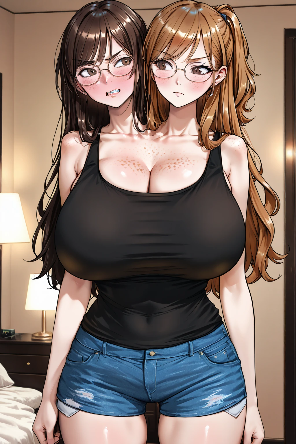 2heads, tall chubby woman with 2 heads. Massive breasts. ager. In a bedroom with a window. Wearing a sweater, wearing jeans. Messy maroon hair in a ponytail. Blushing. Spunky. Goth. Thick eyeliner. Gorgeous thin mature face. Seductive. Huge fake round tits. Huge thighs. Girlfriend. Smirking. Sexy pose.