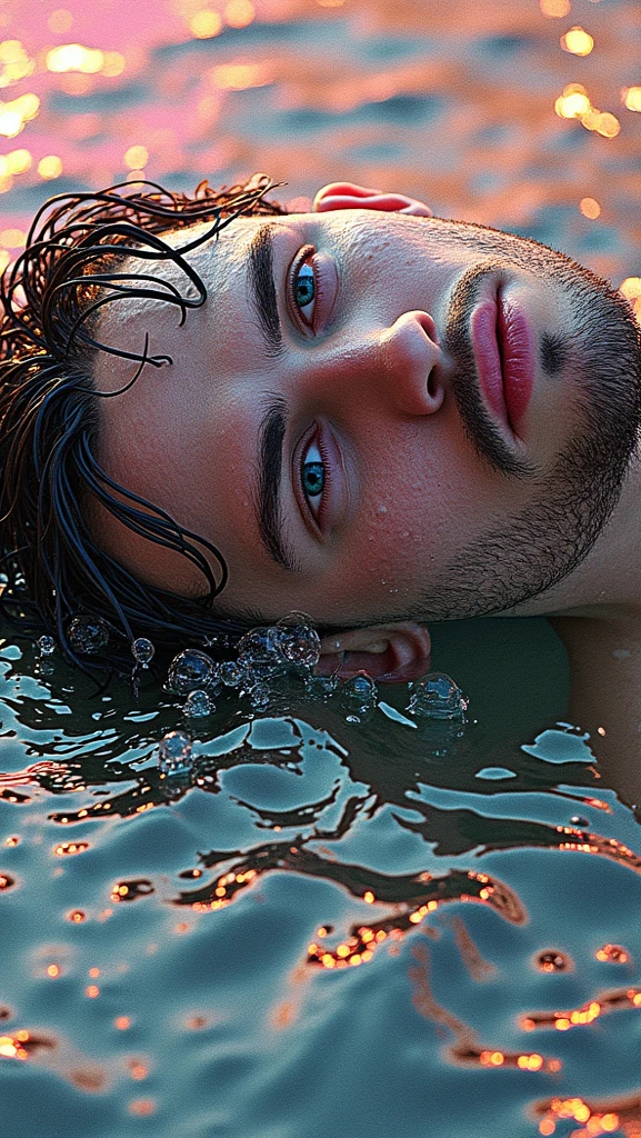 Image of one man drowning another man's mouth in river water