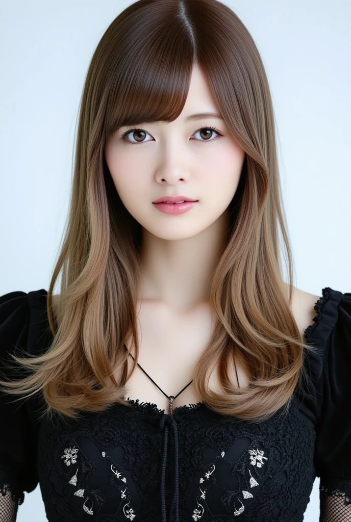High-quality, ultra-realistic portraits。(She has a long face、It has a long vertical profile)。((The eyes are round at the corners、The corners of the eyes are long and narrow.、The nose is high and well-defined.、The tip is rounded。The lips are sharp both above and below.、The mountain has a clear shape))。The skin is transparent、Has a healthy glow。((Brown Hair:1.6、Less hair volume:1.3))。Makeup is natural、Thinly applied to enhance the skin's natural beauty。The lighting is soft and natural.、Accentuating facial features、Does not emphasize shadows。The background is simple and has a blurred gradient.、Focus on the face。