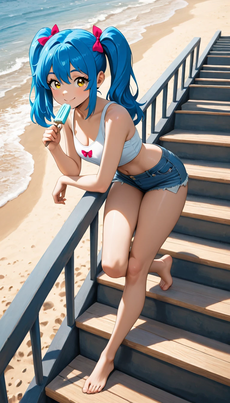 (mememe:1.3), long hair, blue hair, solo, head_rest,upper body,sitting,leg up, breasts, blue stripped bikini, (wet dress:0.5), doggystyle position, distant distance, hdr light reflection, <lora:mymememe_78:0.7>