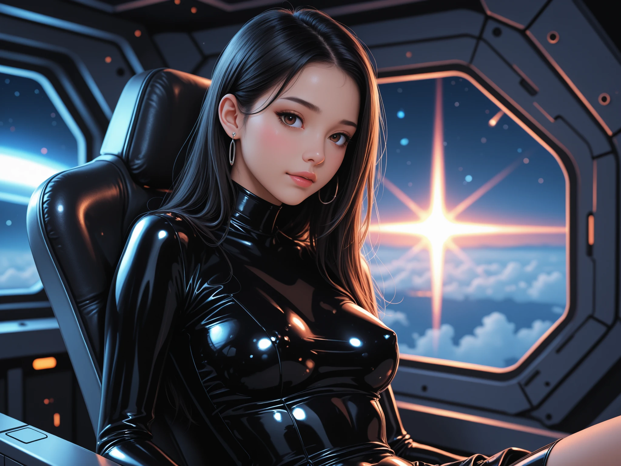 Mulher encantada feliz em mostrar os seios　Beleza perfeita　pele branca bonita　Olhos bonitos　Glossy Lips　cabelo preto curto em uma espiral encaracolado　vestindo ternos corporais　sentado em　funcional　fone de ouvido　Inside the spacecraft, imagem com cores claras, cores brancas