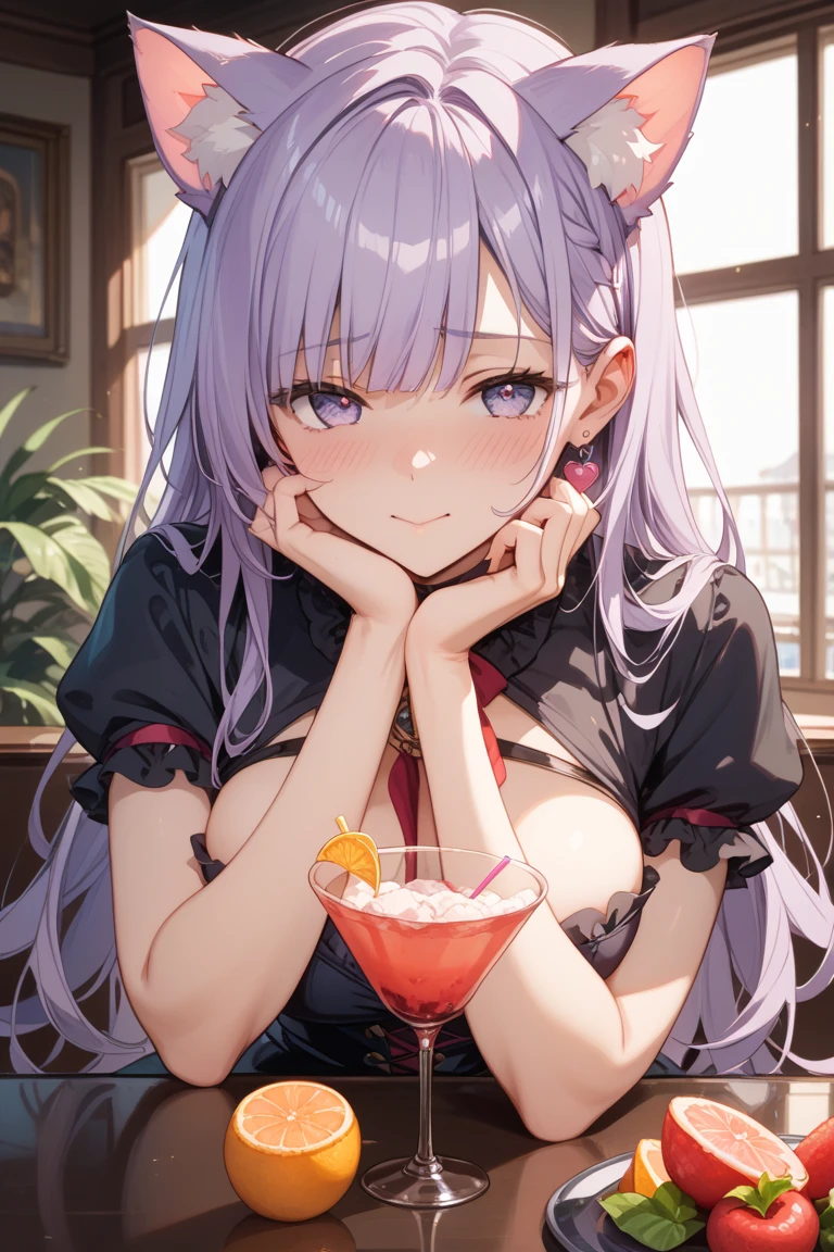 Close-up of Violet Fizz cocktail art displayed on a bar counter glowing at night, High quality waifu movie anime with avant-garde fashion style, A Japanese idol girl with droopy eyes holding a cocktail glass and smiling slightly. shaker on the counter. Purple Refraction、NFSW,naked、nipples are visible