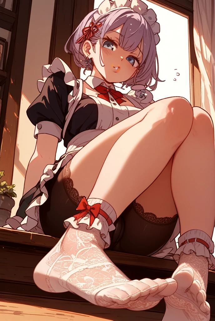pretty girl,smile,Silver Hair,Short Hair,Maid clothes,White knee-high socks,White garter belt,pumps,Cafe,Panty shot,Pull up your skirt,Low - Angle,