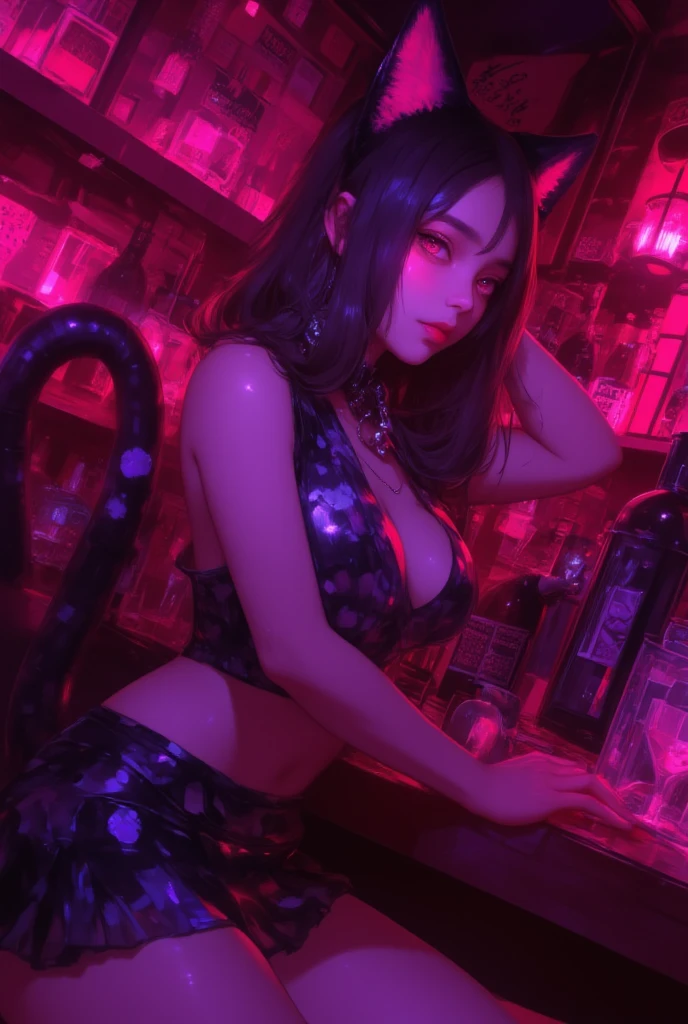 cyberpunk bar interior dirty and crowded with thick smoke and neon lights and signscyberpunk nude Asian elf girl with tribal tatoos wearing topless bikini with black fishnet stockings and red garter belt revealing a busty cleavage:: large breast:: exposed breasts with black bob hair and sunglasses yakuza tattoo covering her body