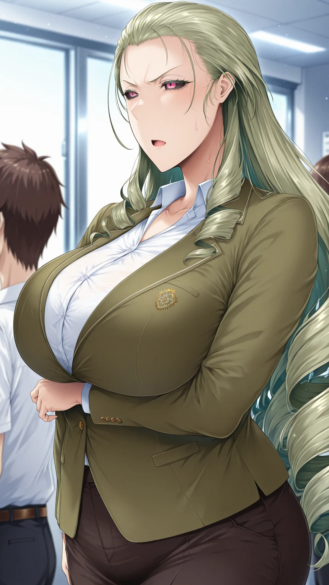 tearjulunatique, tearju lunatique, long hair, blonde hair, (green eyes:1.5), sidelocks, glasses, long sleeves, ascot, white ascot, gemstone, green gemstone, skirt, pencil skirt, classroom, (beautiful detailed eyes:1.6), extremely detailed face, perfect lighting, extremely detailed CG, (perfect hands, perfect ???????), (Old man grabs her ???????:1.5), Very embarrassed, Troubled laughter, 3 old man, (masterpiece:1.2, blush, My ????? is grabbed ???????????, Surrounded by old people, ??????? are exposed, (cowboy shot:1.5), (illustration:0.8)