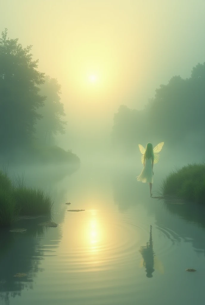 Blonde angel swimming in the forest lake at night in rainy day 