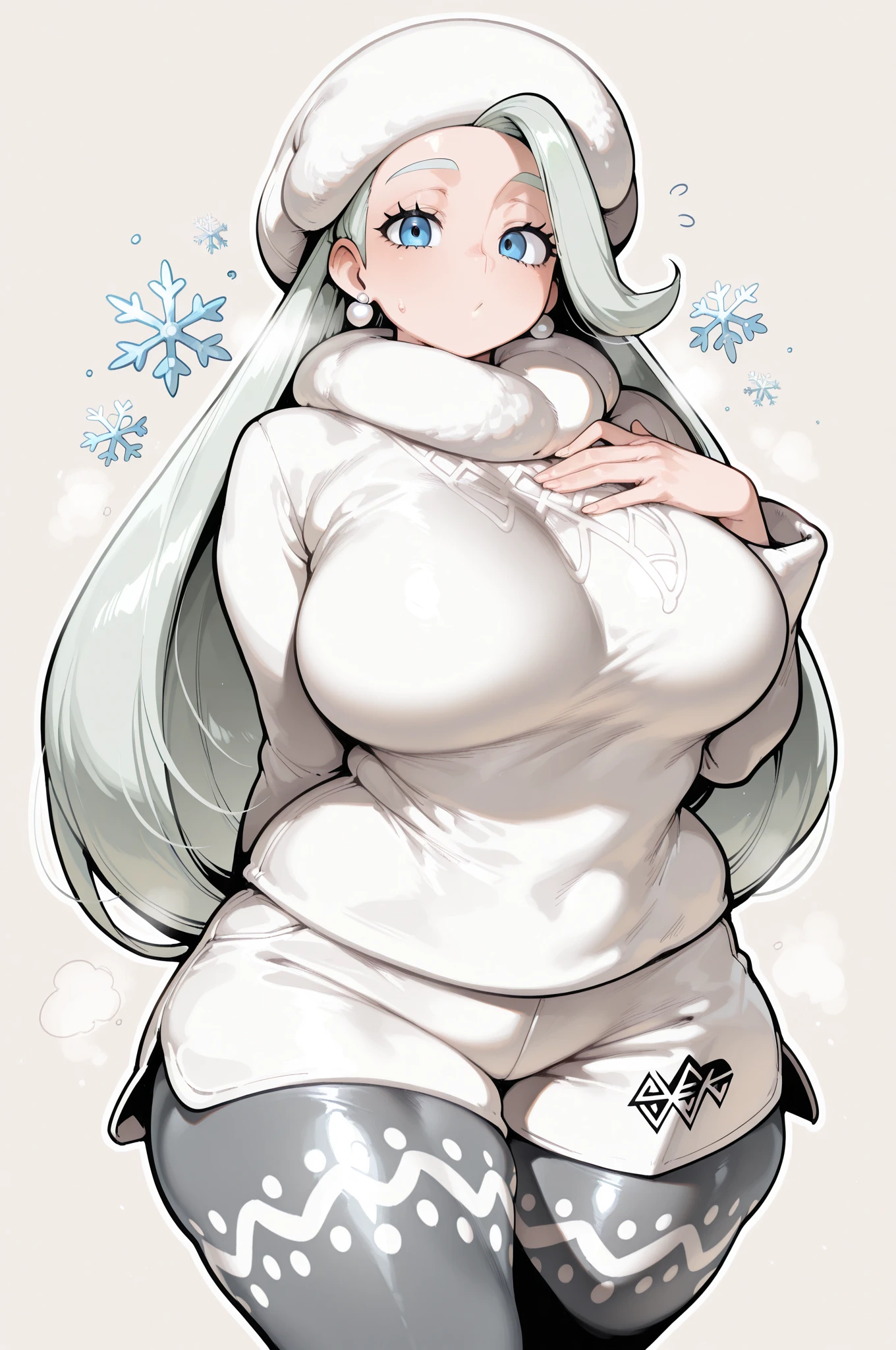 Pokemon Melony, Pokemon Melony, blue eyes, eyelash, Long Hair, Multicolored Hair, Striped Hair, Grey Hair, (Very large saggy breasts:1.2), Open your mouth, smile,
break earrings, gloves, Have, jewelry, Long sleeve, pantyhose, pantyhose under Shorts, scarf, Shorts, 片手gloves, snowflakes, sweater, White Hat, white scarf, white sweater,
break outdoors, city, snow,
break looking at viewer, (Cowboy Shot:1.5),
break (masterpiece:1.2), Highest quality, High resolution, unity 8k wallpaper, (figure:0.8), (Beautiful attention to detail:1.6), Highly detailed face, Perfect lighting, Highly detailed CG, (Perfect hands, Perfect Anatomy),