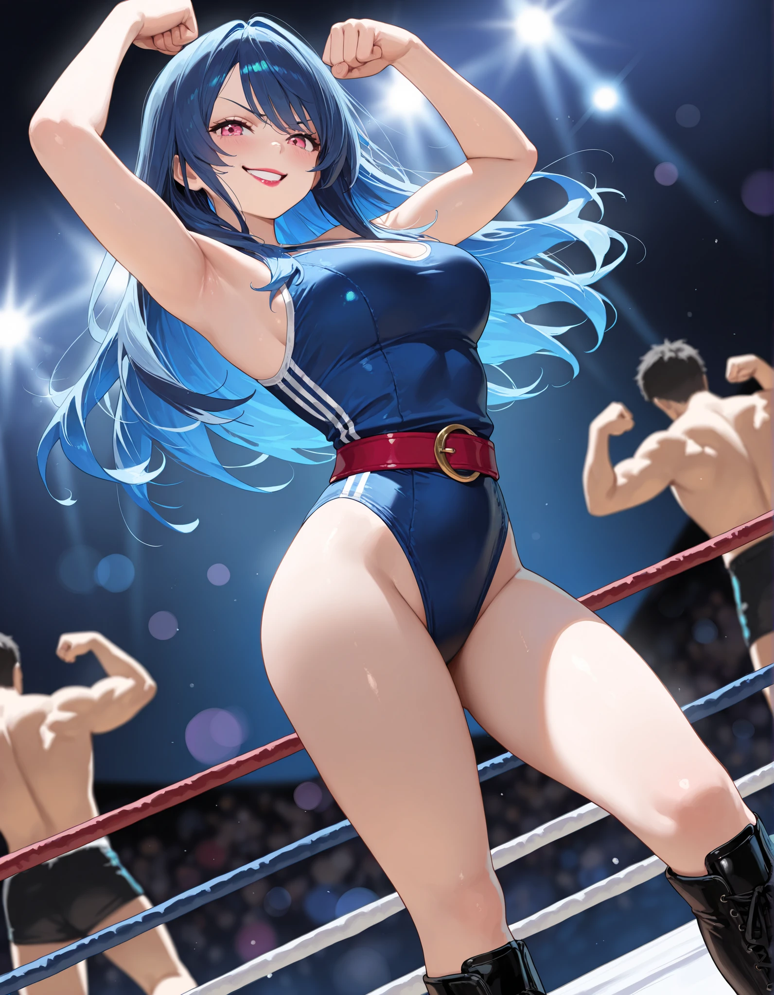caeda fe, 1girl, solo, looking at viewer, ((Tight leotard)), ((sexy pose)), ((Wrestling ring)), blush, :o, red bikini, cowboy shot, hair flower, ((swimsuit)), large breasts