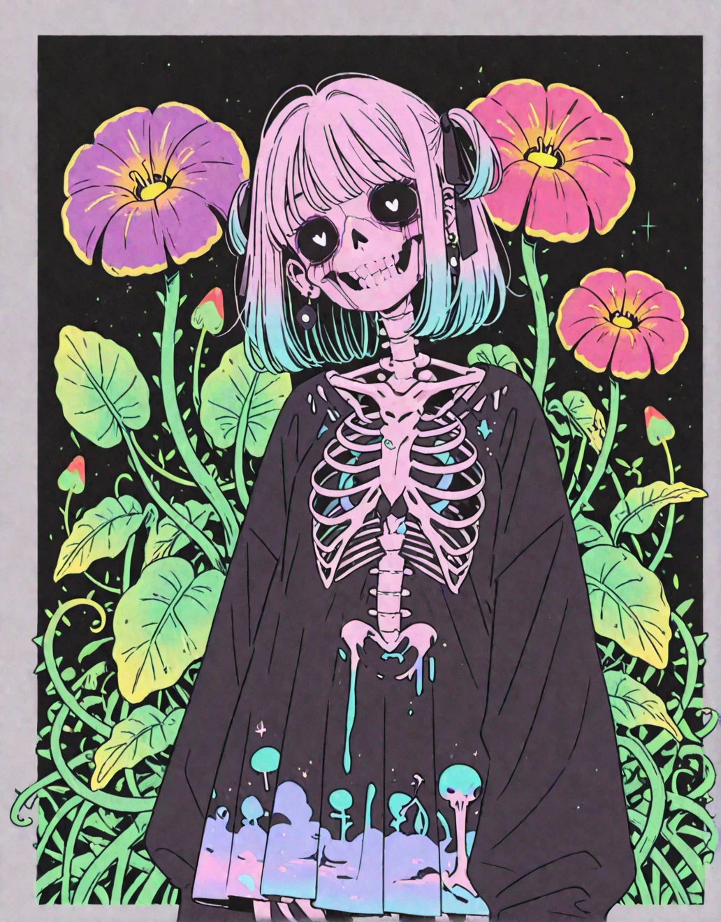 <lora:slimegirl_2--retro_ham_avas_jun_rifl--09-01:1.0>, 

(slime girl:1.0), (slime:1.0), (monster girl, see-through body:1.0), colored skin,

1girl, dead, half skeleton, flowers