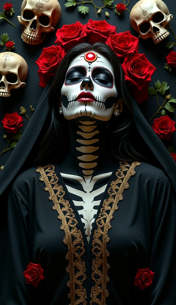Man in woman's clothes in ritual with candles, skulls, voodoo, blood ultra realistic image