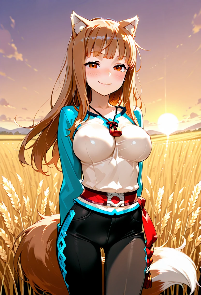 absurdres, best quality, masterpiece, NSFW, animation, comic, animated, novel illustration, looking at viewer, breasts focus, upper body, backlighting, (spice and wolf), ((holo)), sunset, detailed cloudy sky, (wheat field), wheat, 1girl, orange hair, red eyes, long hair, wolf ears, big tail, wolf girl, animal ears, nude, naked, (small breasts), navel, nipples, red kimono, blush, light simle, fang, fang out,