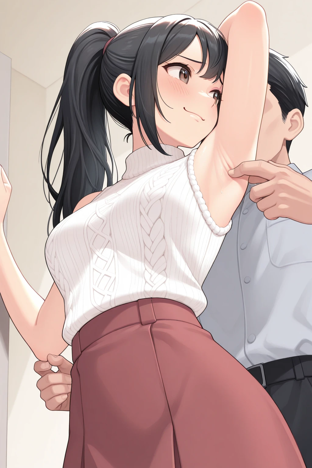 (1 old man, grab someone else's chest, groping, hetero:1.2), highest quality, High resolution, 1 girl, focus only, (beautiful chest:1.2), it is in it, magenta polo shirt, black pants, blush, embarrassing, (from below:1.2) short hair black hair sexual harassment