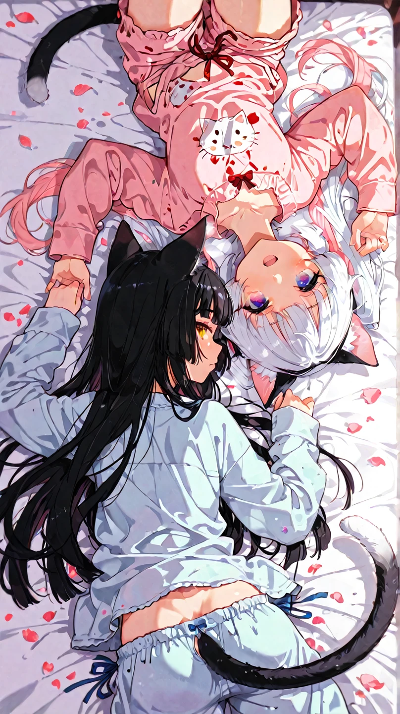 Two girl's lower_body is transformed into slime(Japanese anime style)(with slime tentacles)(scared and crying)(fox ears)(multiple slime eyes)(student costume)(on bed)(the room is covered by slime)