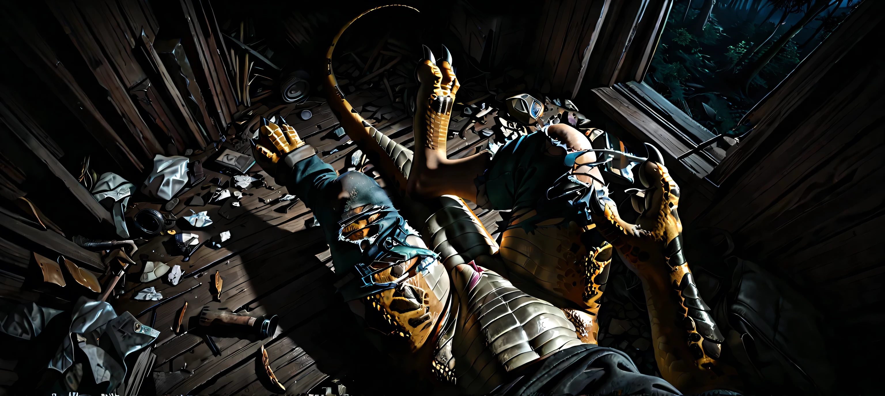 throw:1.3, point of view, aerial view:1.3, aerial view,  high angle, sitting, lean on the ruins, Own body, own legs, transformation, turning man into a dragon:1.3, wild dragon, tail, claws, paws, [scales:  human skin :0.8],  human skin : 1.2, gradual scales, ultra realistic scales, shining, searchlight, ragged, torn underwear, ragged pants, scraps of brown fur with trim , to wound, Pussy eggs,  sperm, scars, scratched , nsfv, the forest, Night, lonely trail,  abandoned camp , garbage, realistic, 4k, 8 k, raw, HDR, contract, high resolution, HD, full color, 4k, high resolution, sharp focus, smooth, professional, cinematic chastil, extreme detail, description, masterpiece, best quality